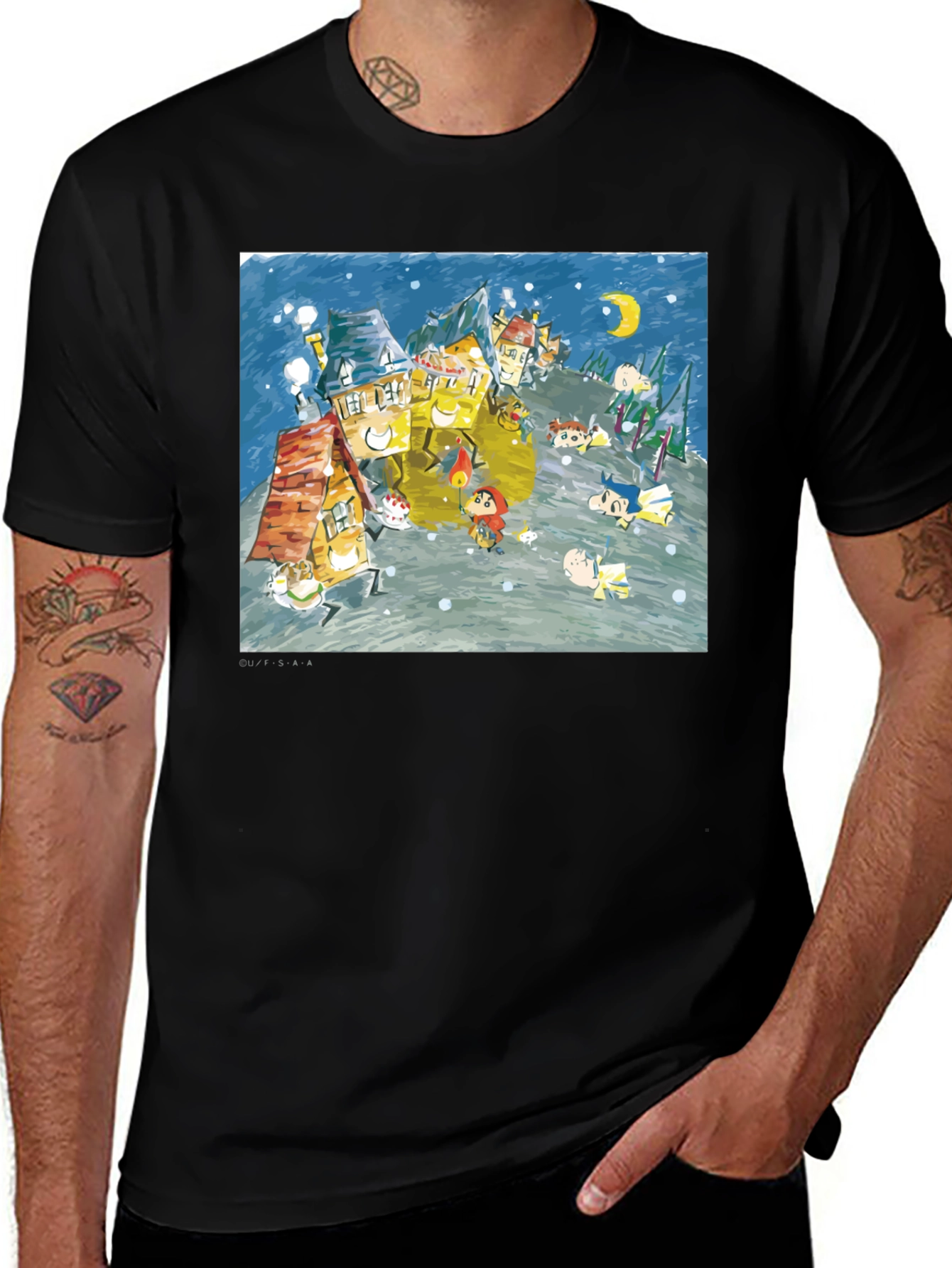 Variant 26 of Whimsical Winter Village Graphic Tee - Black Cotton Blend