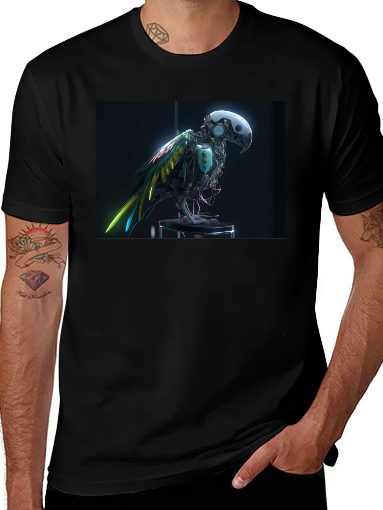 Variant 23 of Cybernetic Parrot Graphic Tee - Black