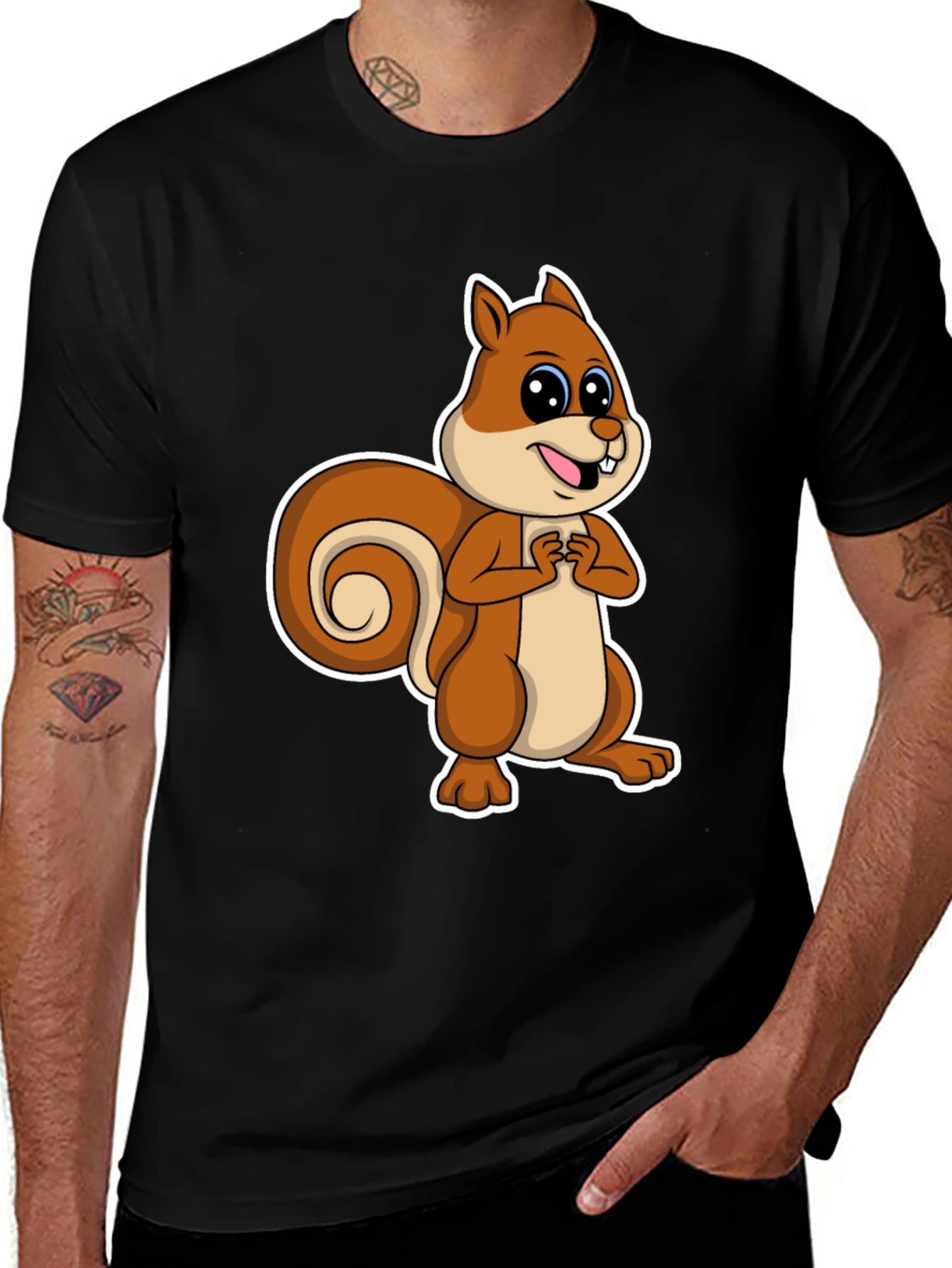 Variant 3 of Cute Squirrel Graphic T-Shirt - Black Cotton Tee