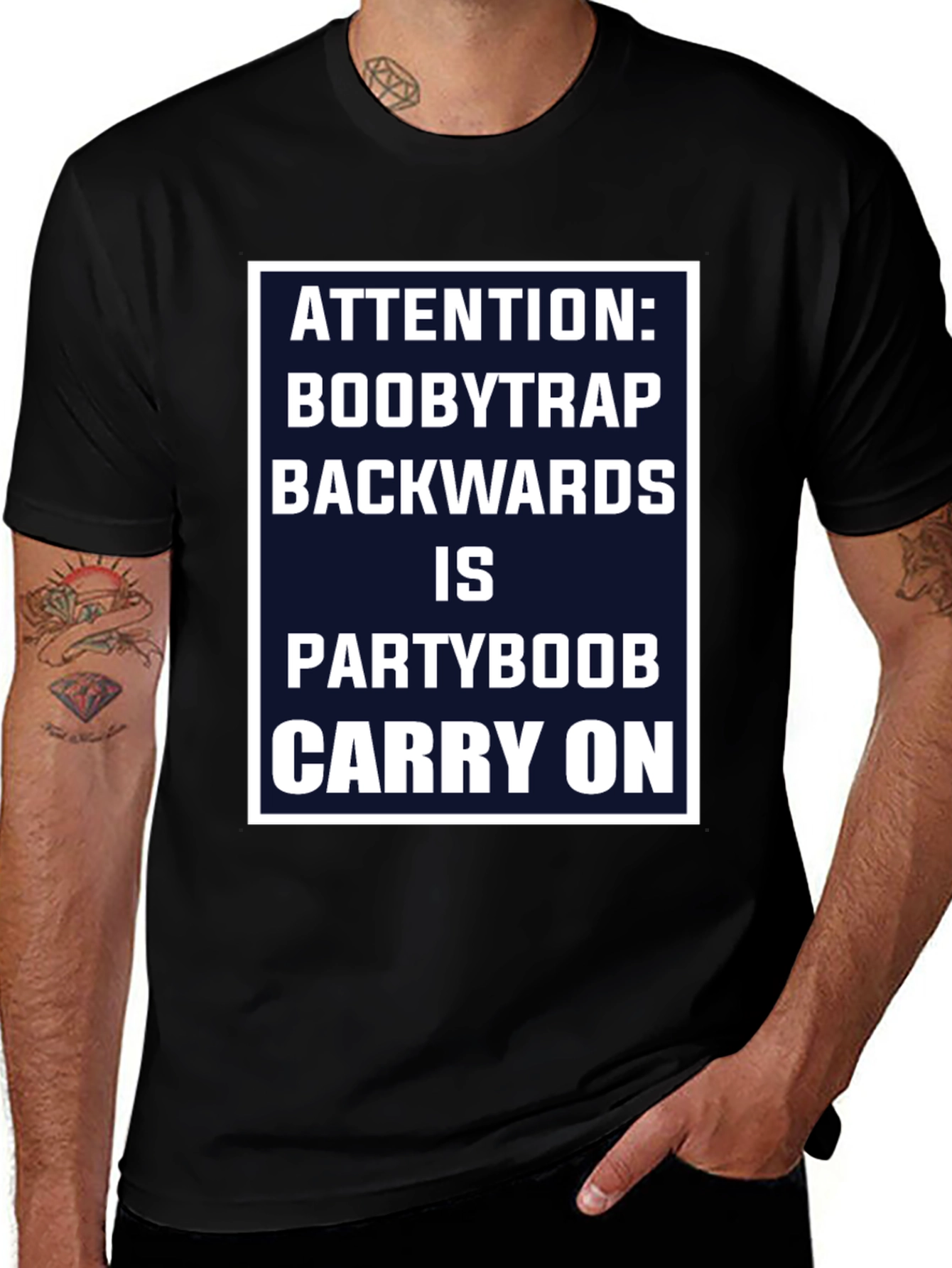 Variant 23 of Attention Boobytrap Partyboob Funny T-Shirt