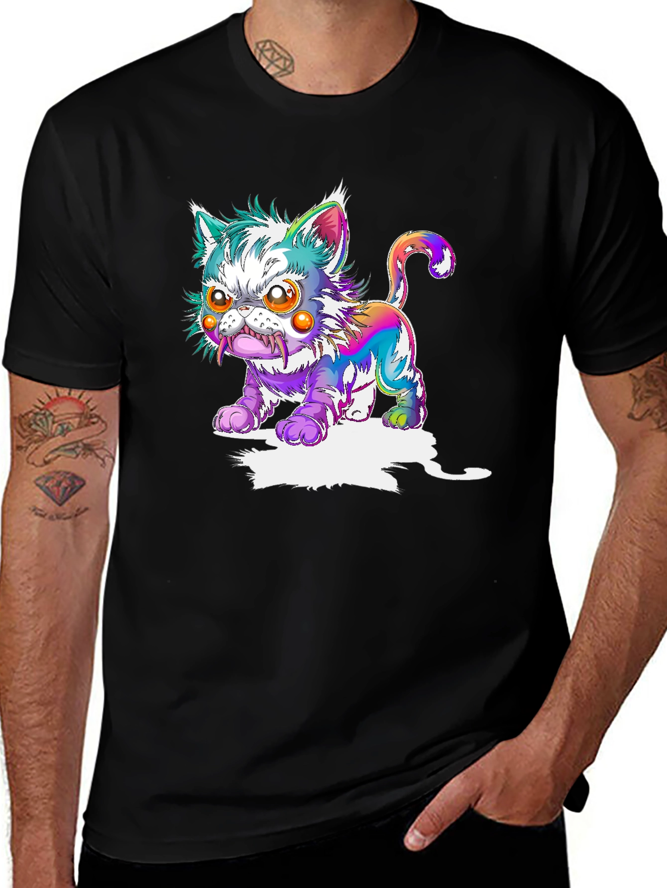 Variant 24 of Men's Black T-Shirt with Psychedelic Cat Graphic