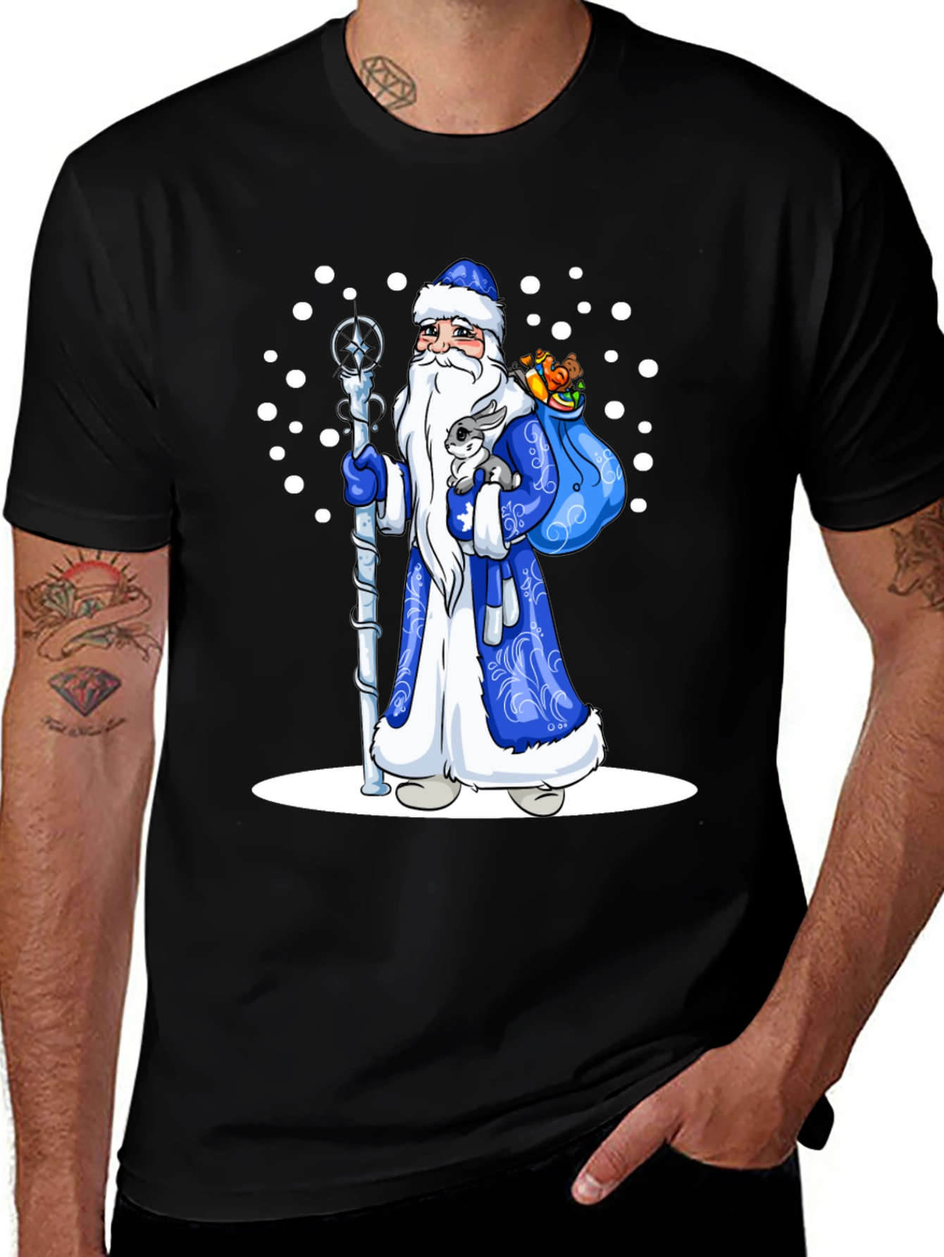 Variant 16 of Black T-Shirt with Blue Santa Print