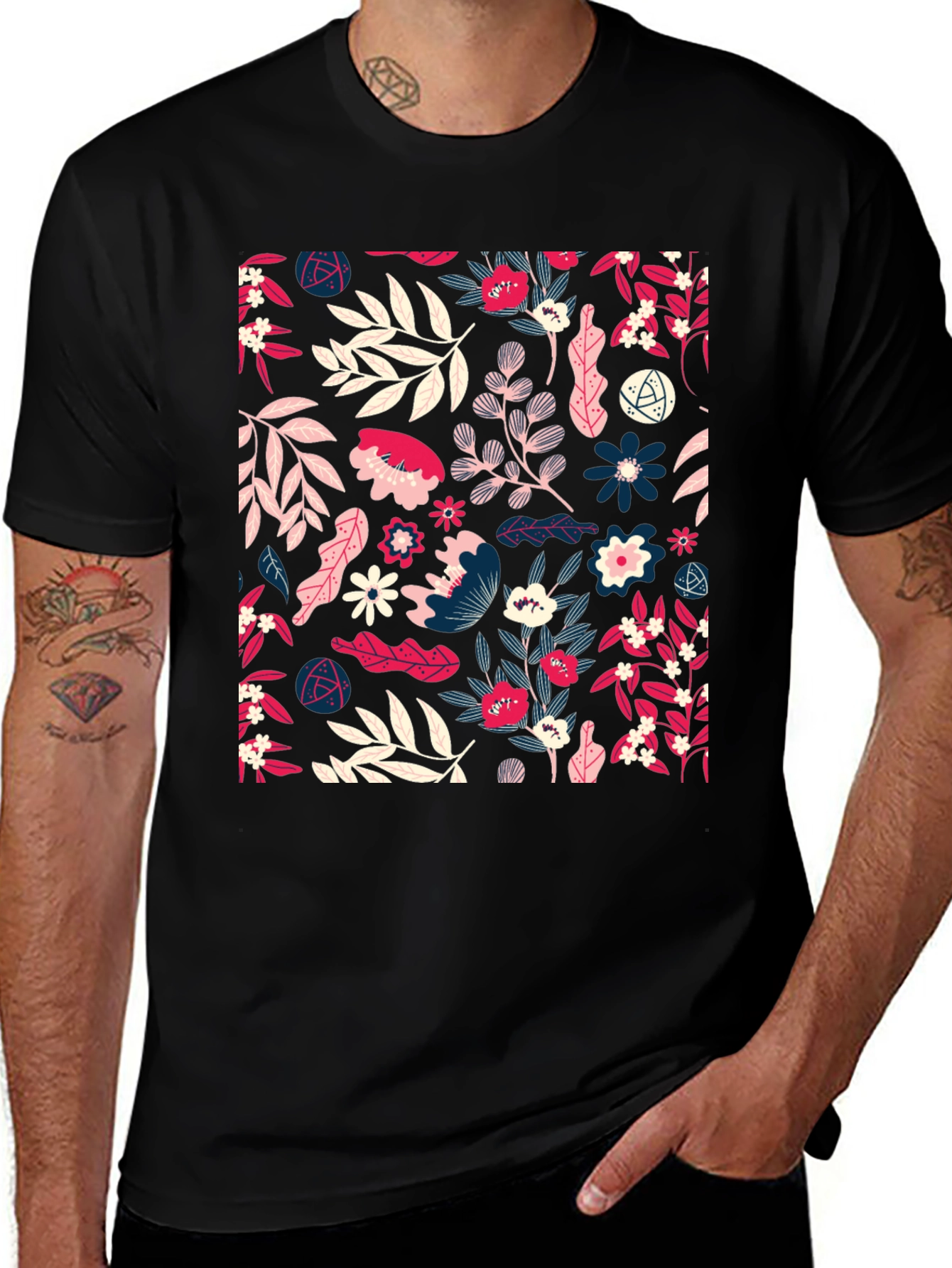 Variant 20 of Floral Print Black T-Shirt for Men