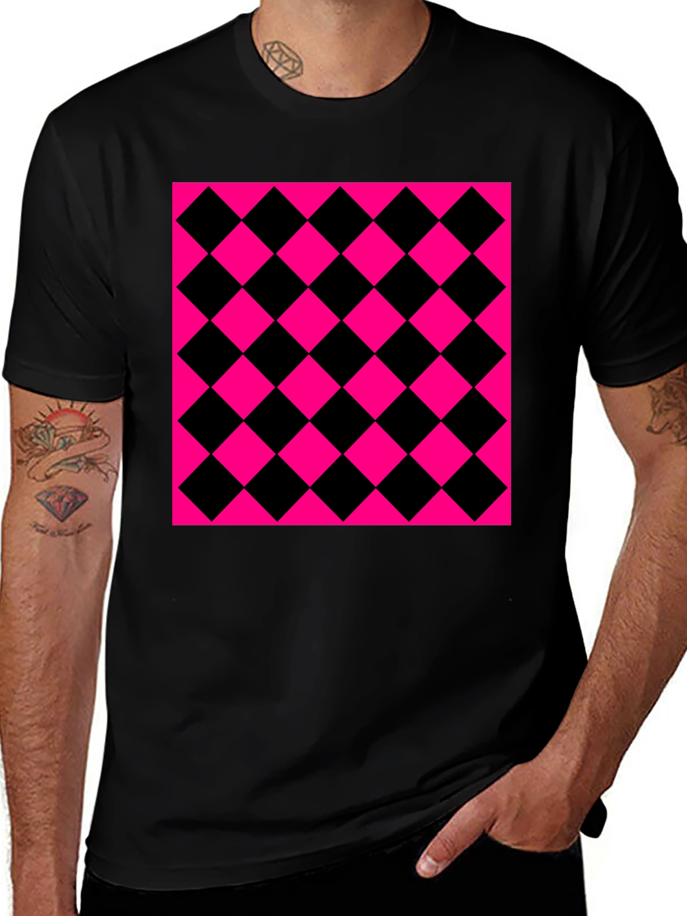 Variant 24 of Bold Checkerboard Graphic Tee - Black & Pink