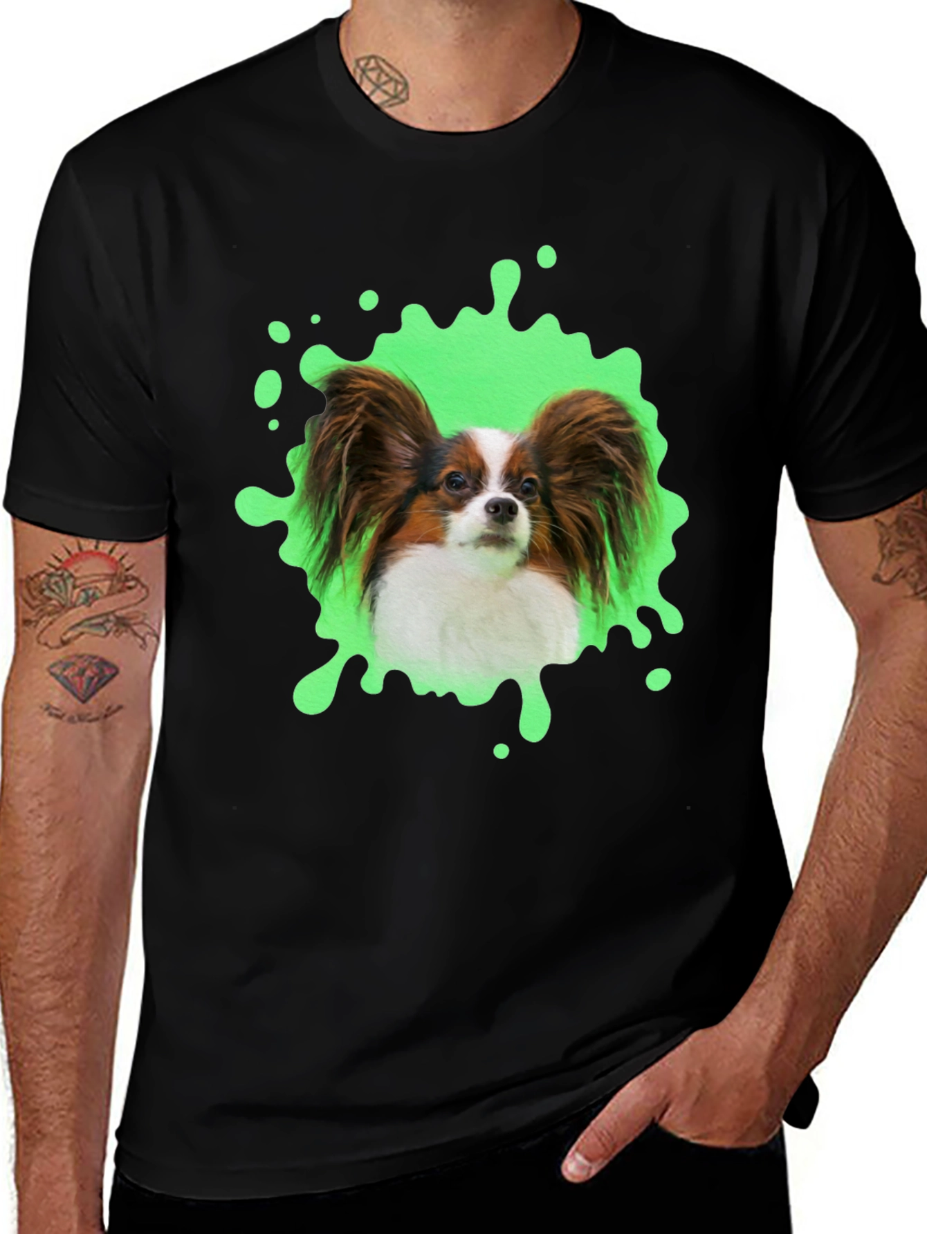 Papillon Dog T-Shirt: Funky Green Splatter Design
