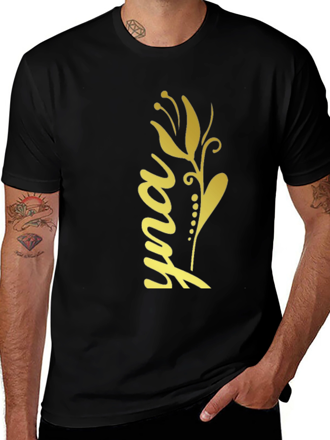 Variant 8 of Elegant Black T-Shirt with Gold Floral Design