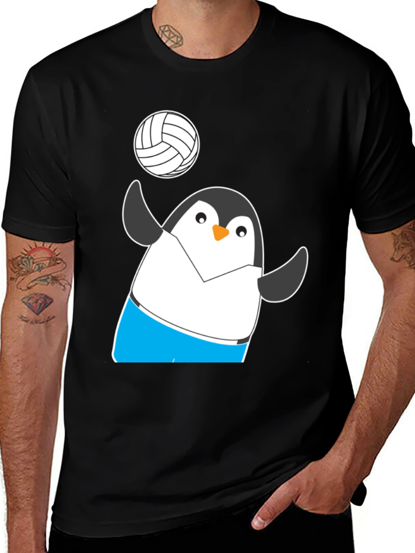 Variant 23 of Volleyball Penguin T-Shirt - Black Cotton Tee