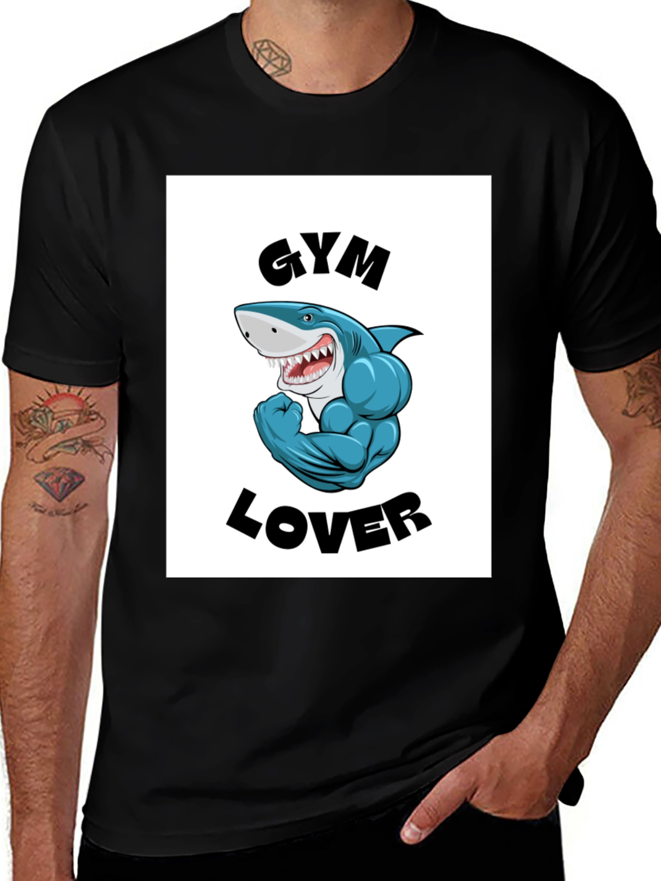 Variant 7 of Gym Lover Shark Graphic Tee - Black Cotton