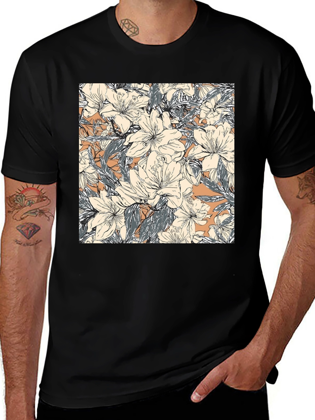 Variant 8 of Floral Print Black T-Shirt for Men