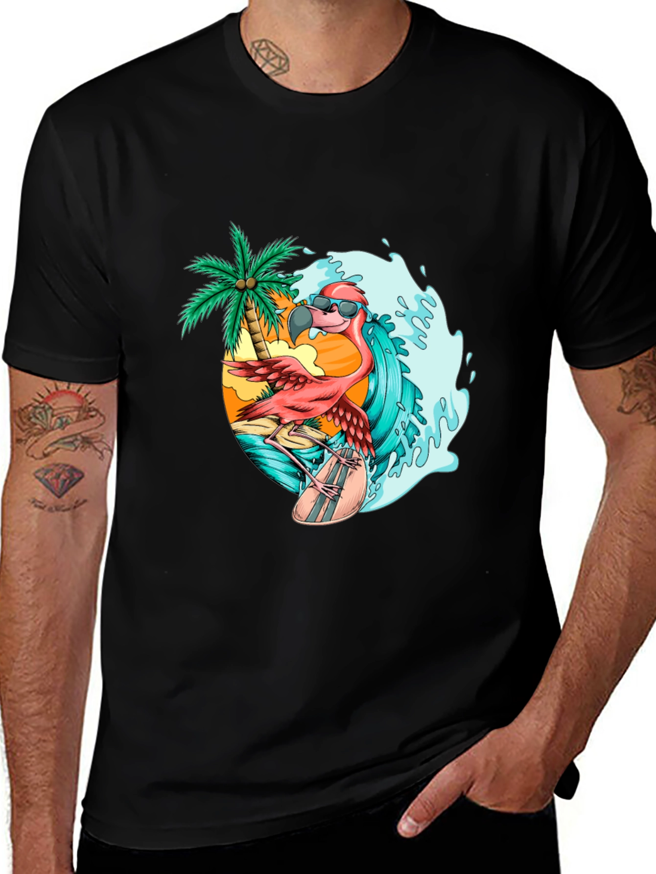 Variant 7 of Flamingo Surf T-Shirt - Black Graphic Tee