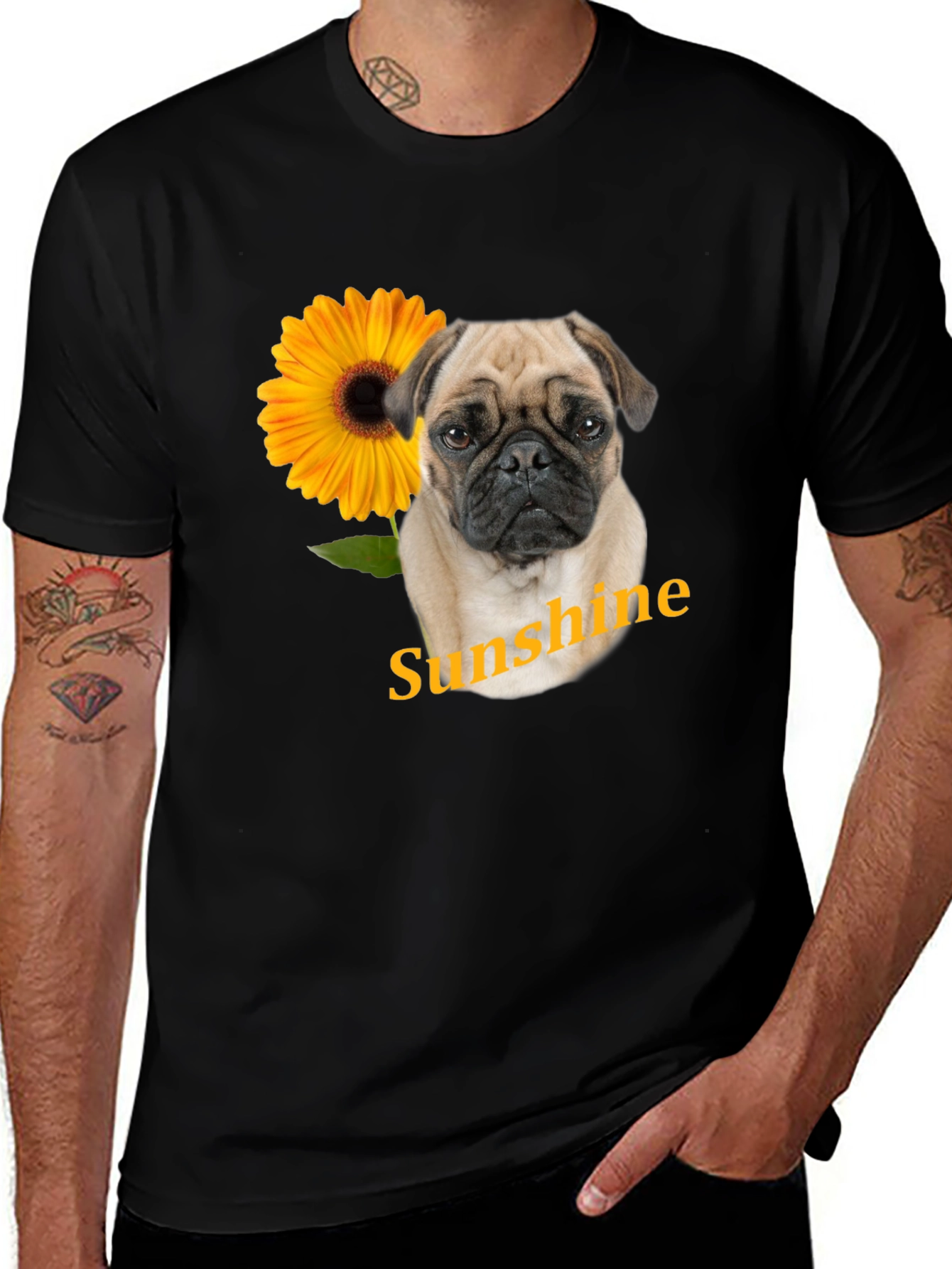 Pug & Sunflower 'Sunshine' Graphic Black T-Shirt