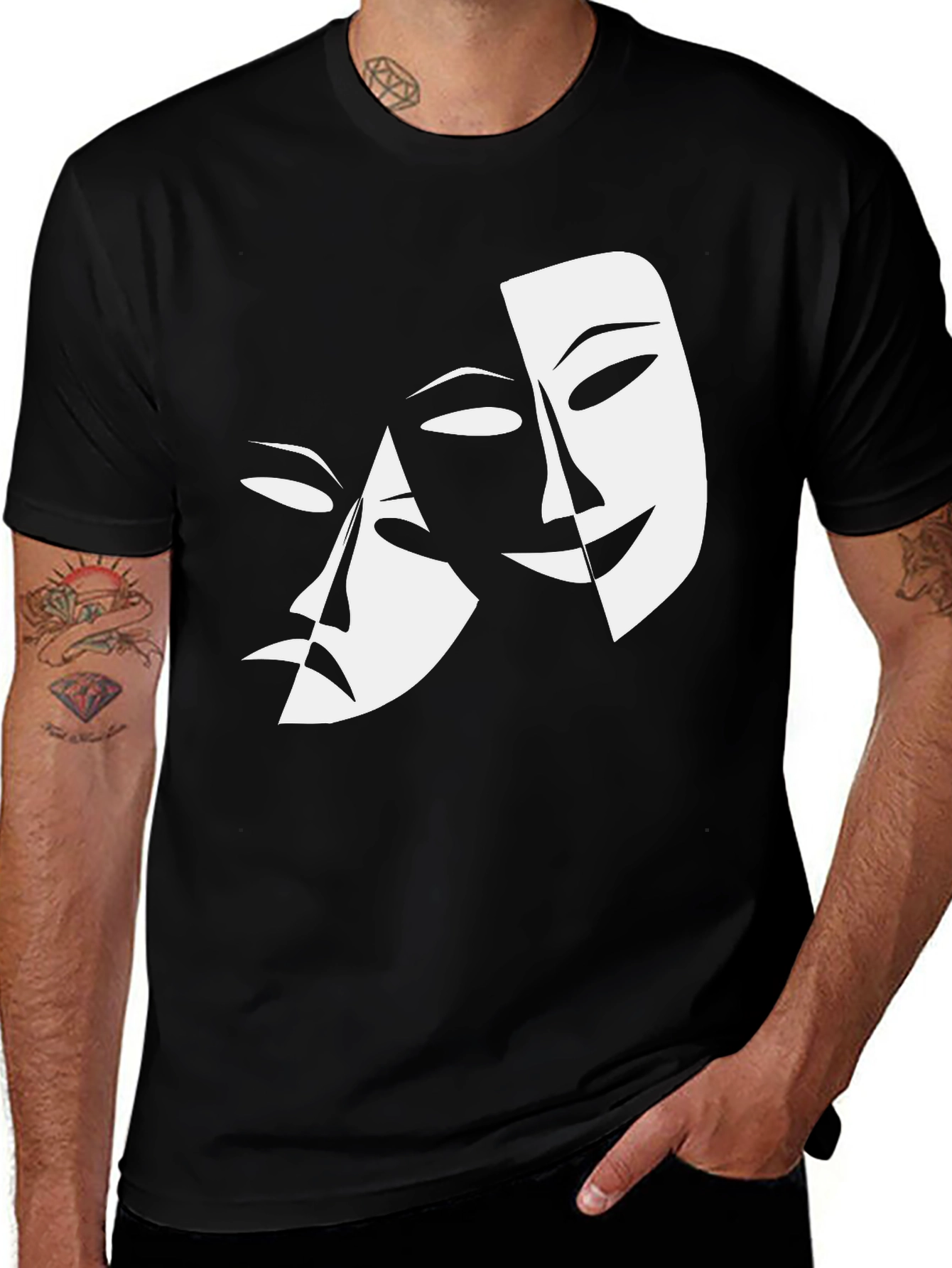 Comedy Tragedy Masks Graphic Tee - Black Cotton Shirt