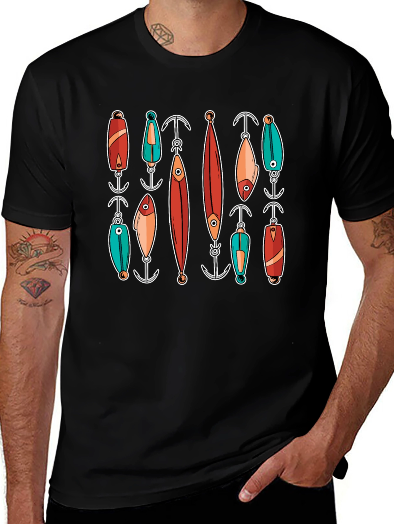 Variant 29 of Fishing Lures Graphic Tee - Black Cotton T-Shirt