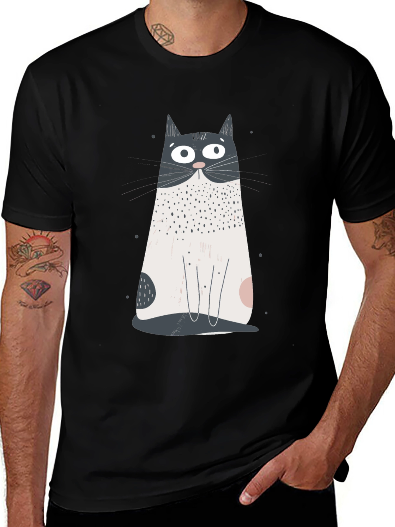 Variant 30 of Whimsical Cat Graphic Tee - Black Cotton T-Shirt