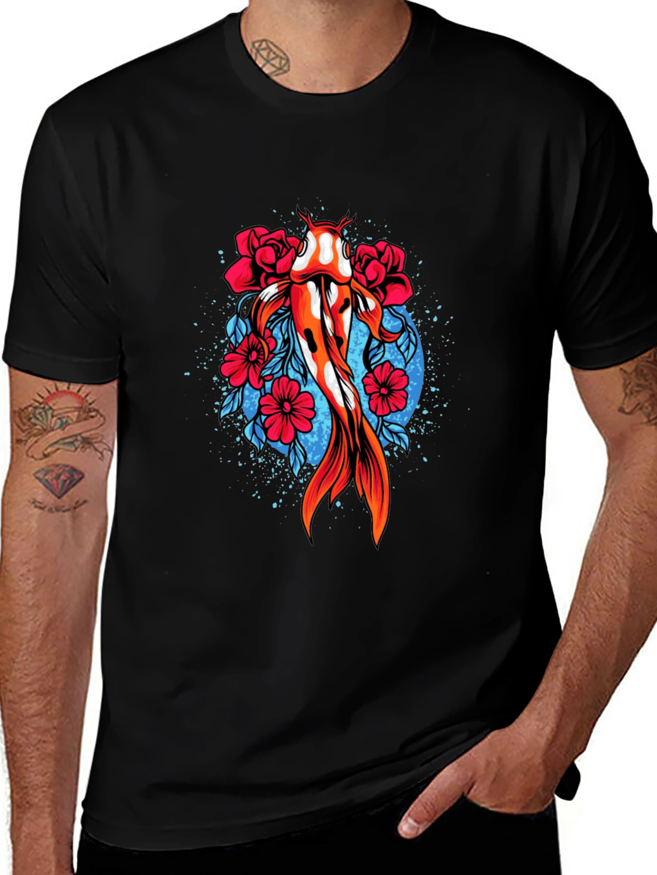 Variant 16 of Koi Fish Graphic Tee - Floral Japanese Art Shirt