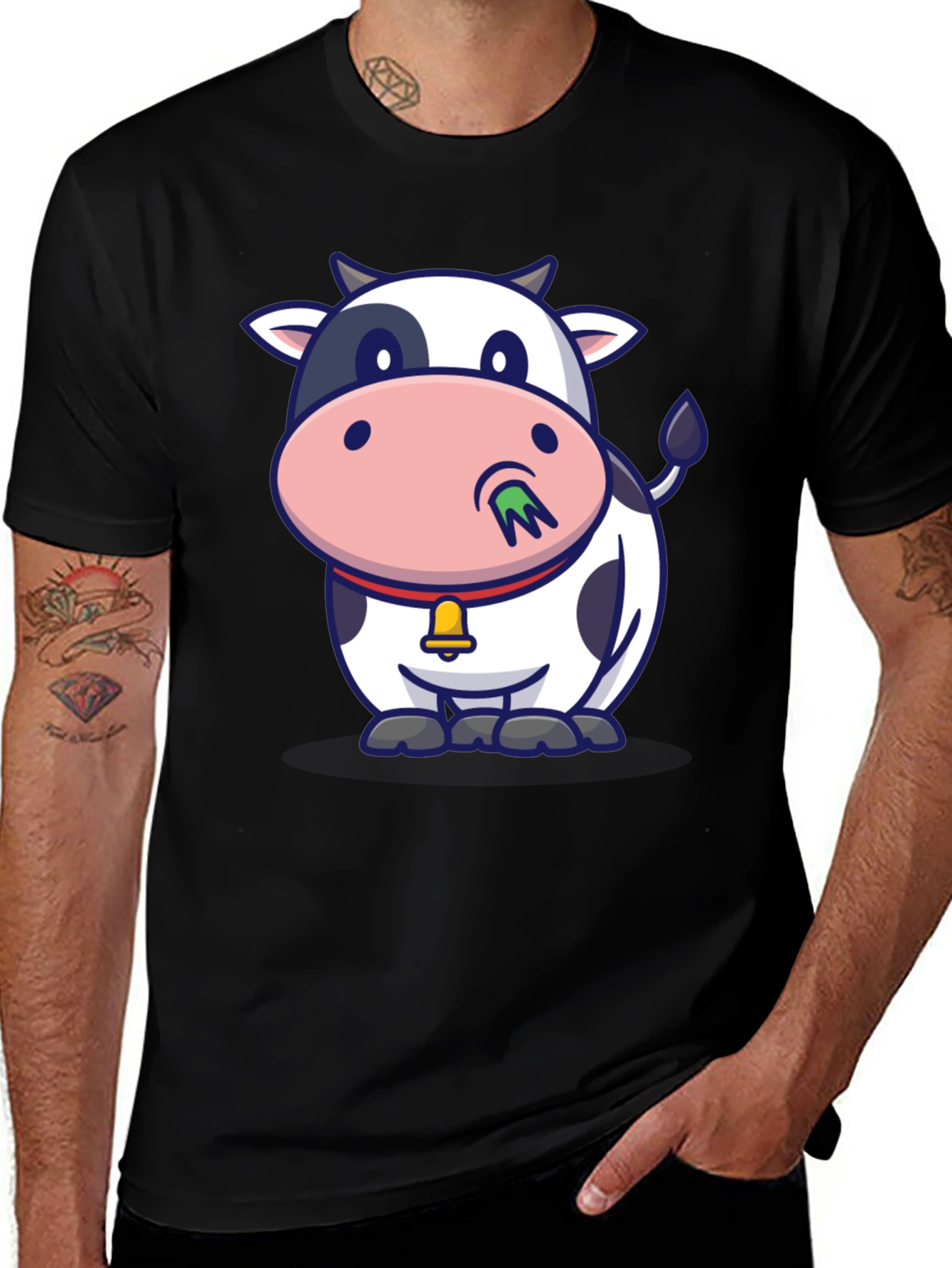 Variant 11 of Cartoon Cow Graphic Tee - Black Cotton T-Shirt