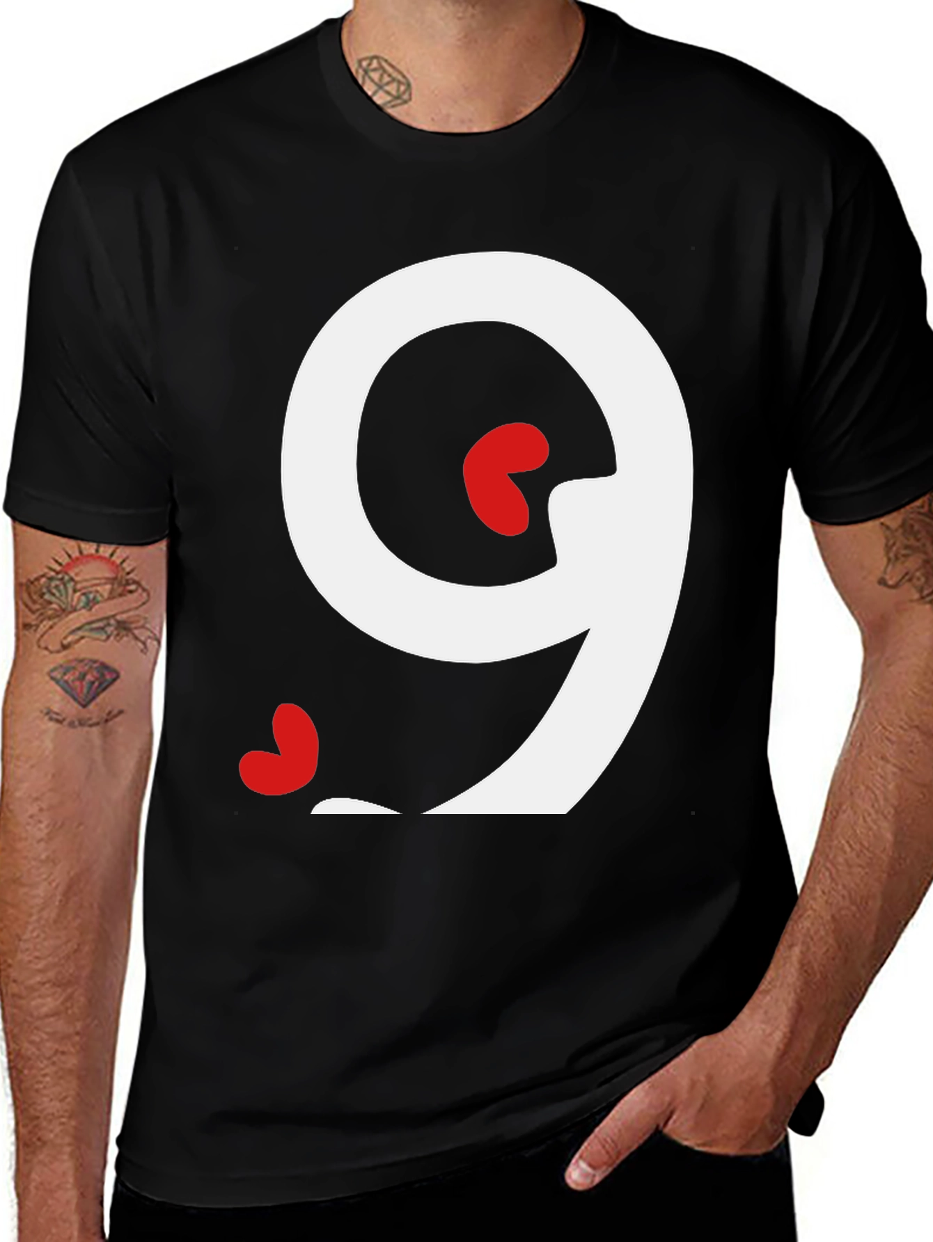 Number 9 Heart Graphic Tee - Black Cotton Casual Shirt