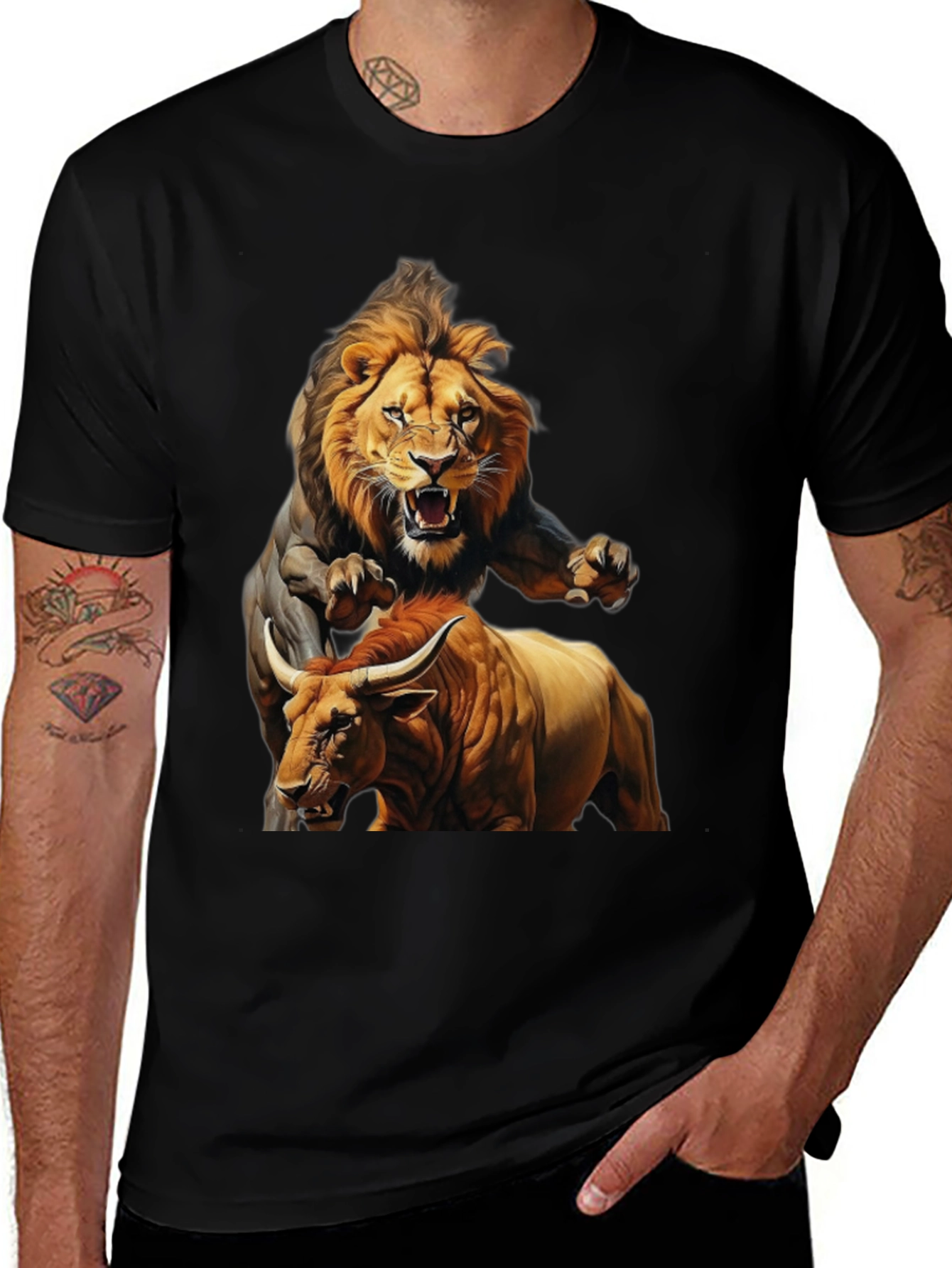 Variant 2 of Lion vs Bull Graphic Tee - Men's Black Cotton T-Shirt
