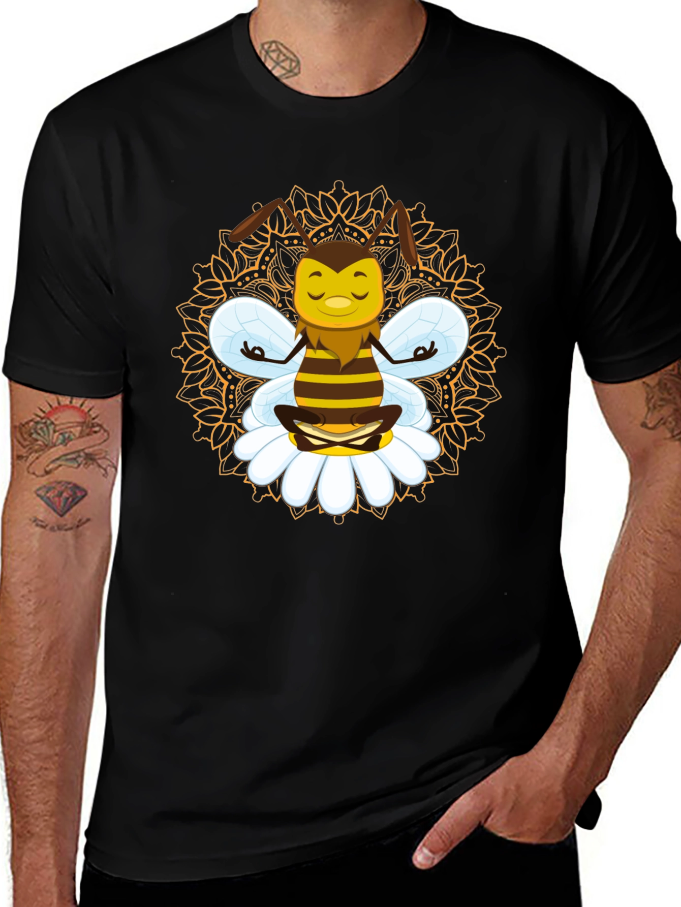 Variant 11 of Zen Bee Mandala Graphic Tee - Black Cotton T-Shirt