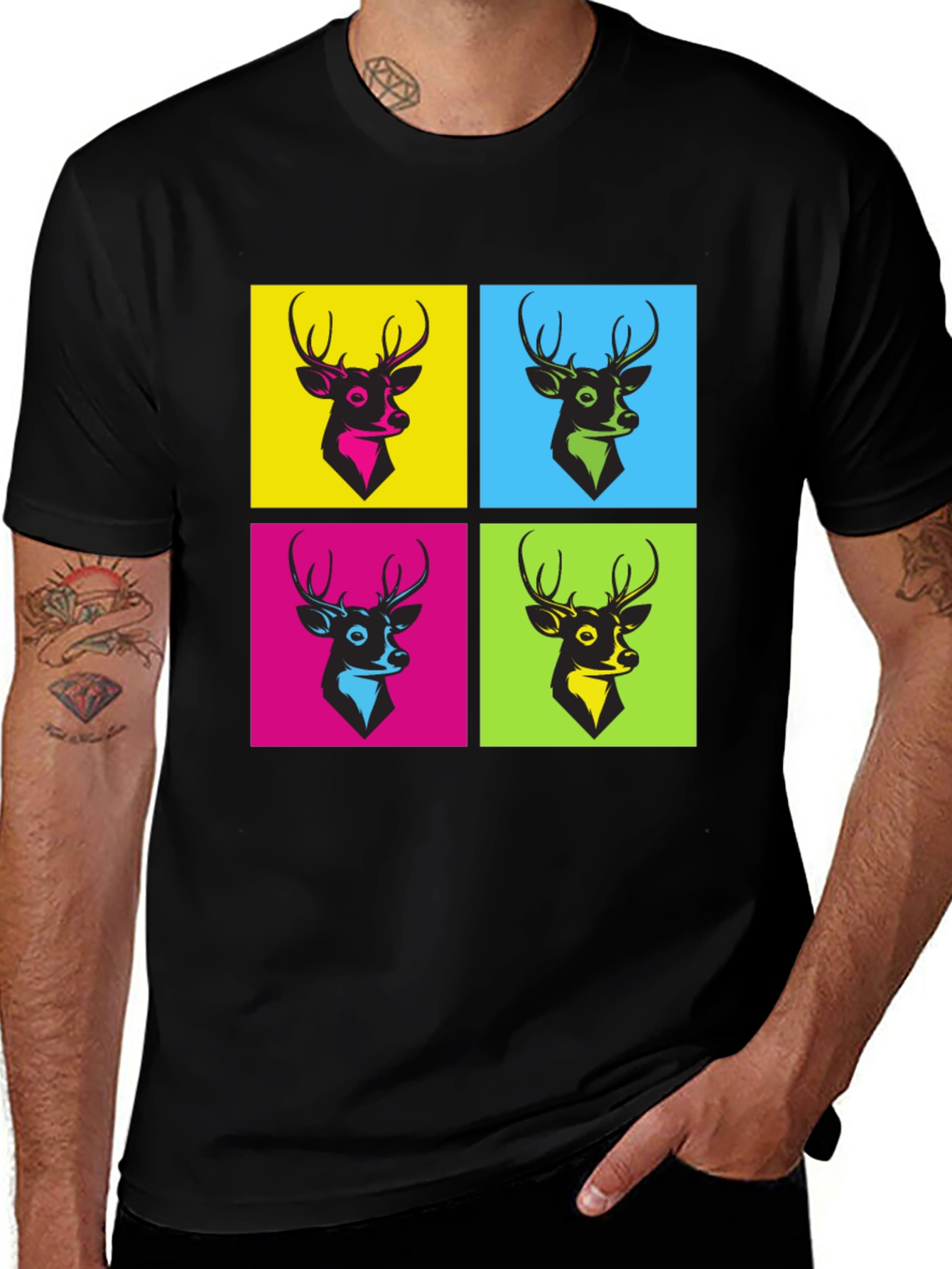 Variant 28 of Pop Art Deer Graphic Print Black T-Shirt