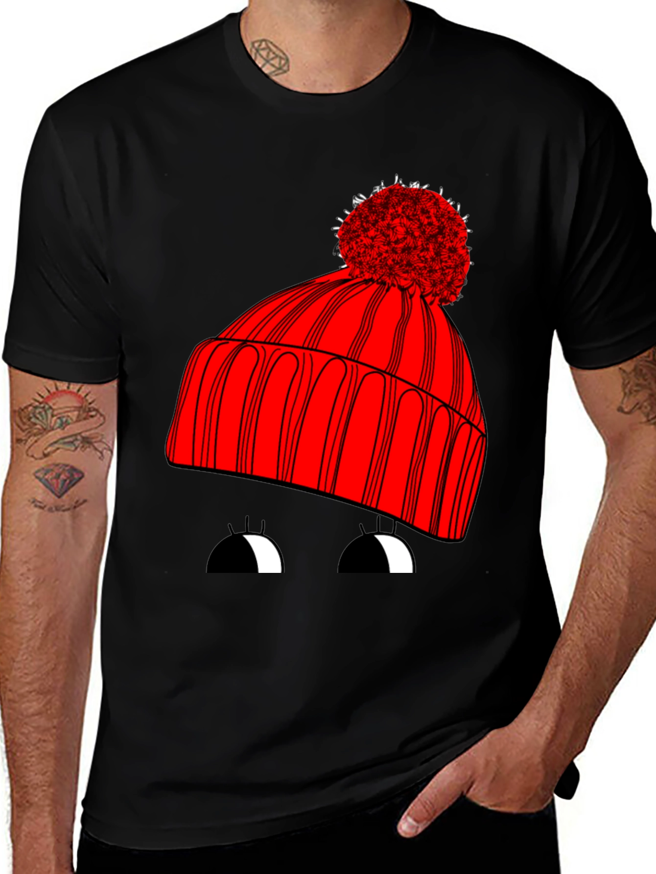Variant 18 of Whimsical Winter Hat Graphic Tee - Unisex Black T-Shirt