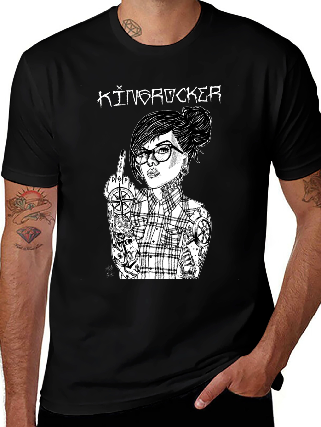 Variant 5 of Kingrocker Graphic T-Shirt - Edgy Tattooed Woman Design