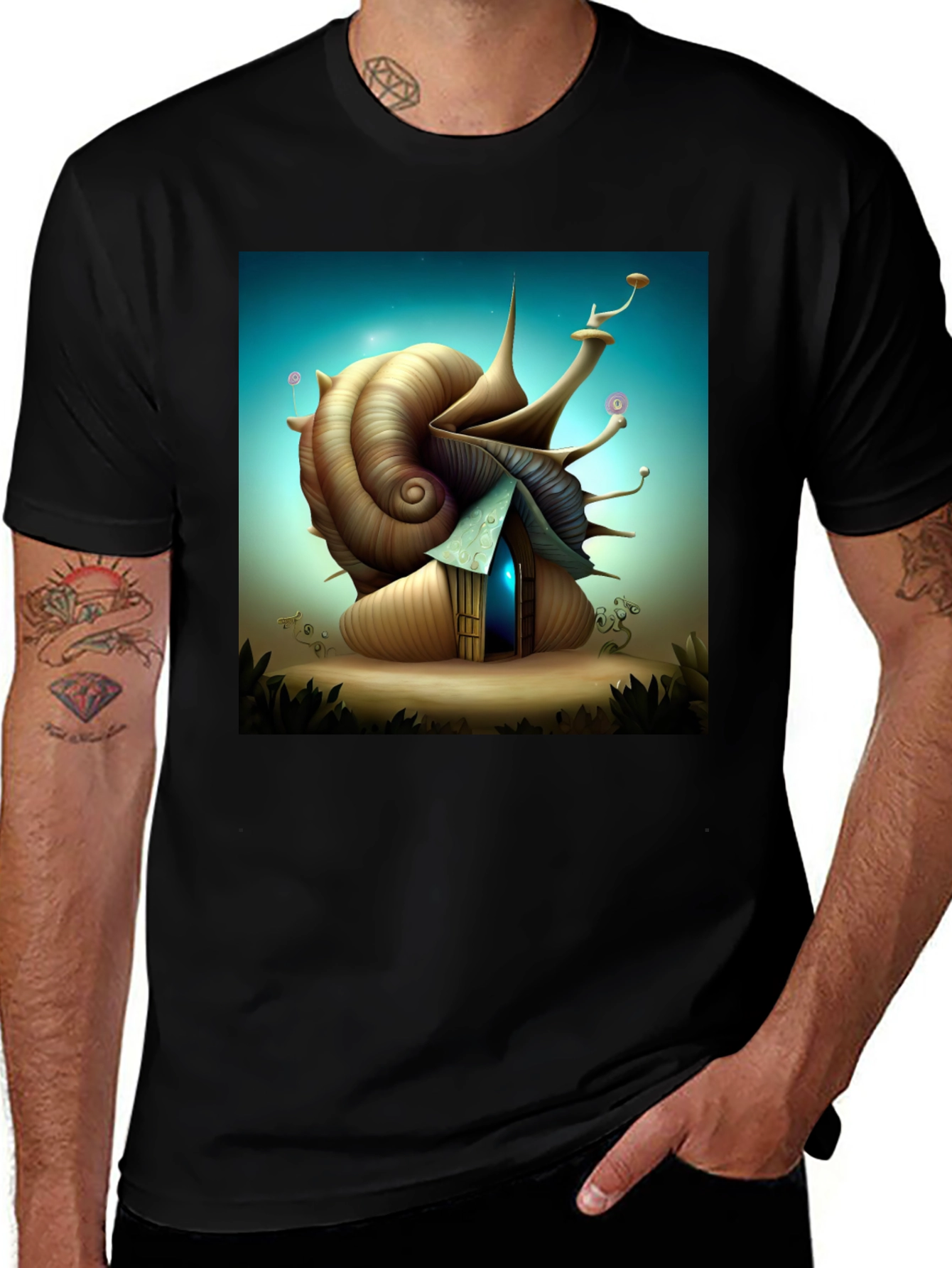 Variant 28 of Whimsical Snail House Graphic Tee - Unique Design