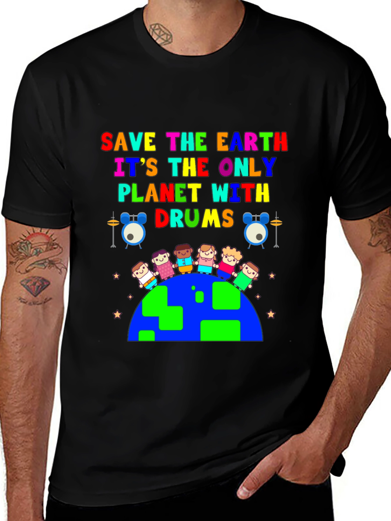Save The Earth Planet With Drums Black T-Shirt