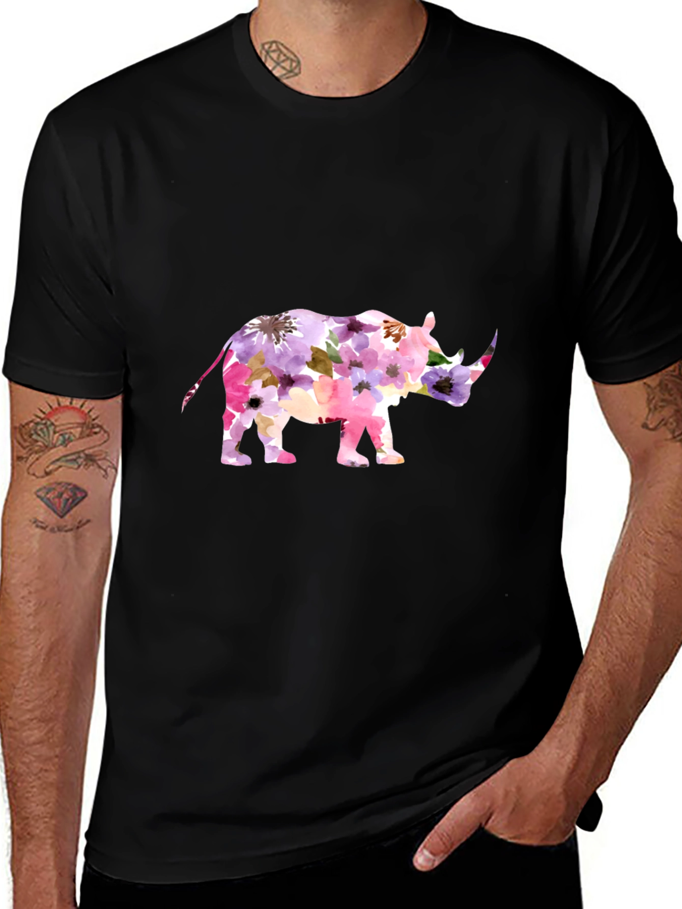 Variant 30 of Floral Rhino Graphic Tee - Men's Black T-Shirt