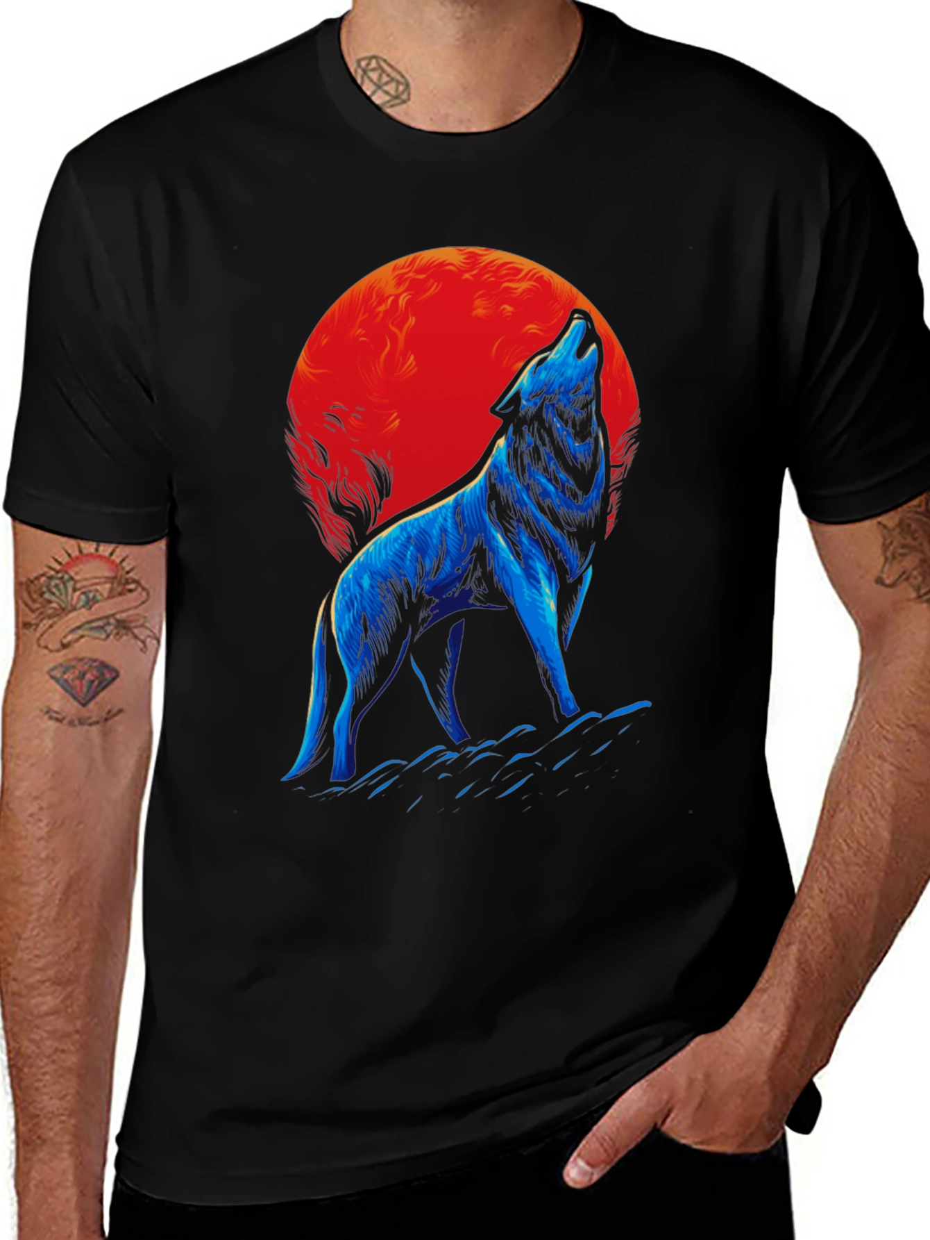 Variant 27 of Wolf Howling at Moon Graphic Tee - Black