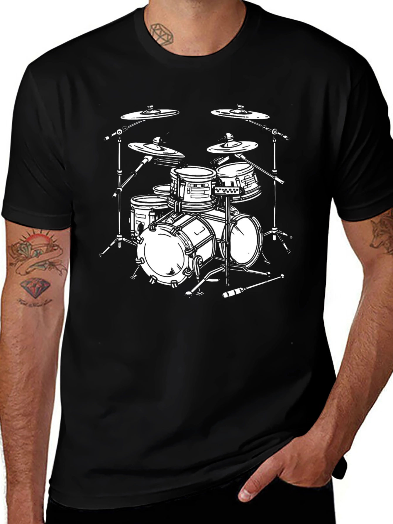 Variant 24 of Drum Set T-Shirt: Black Cotton Music Tee