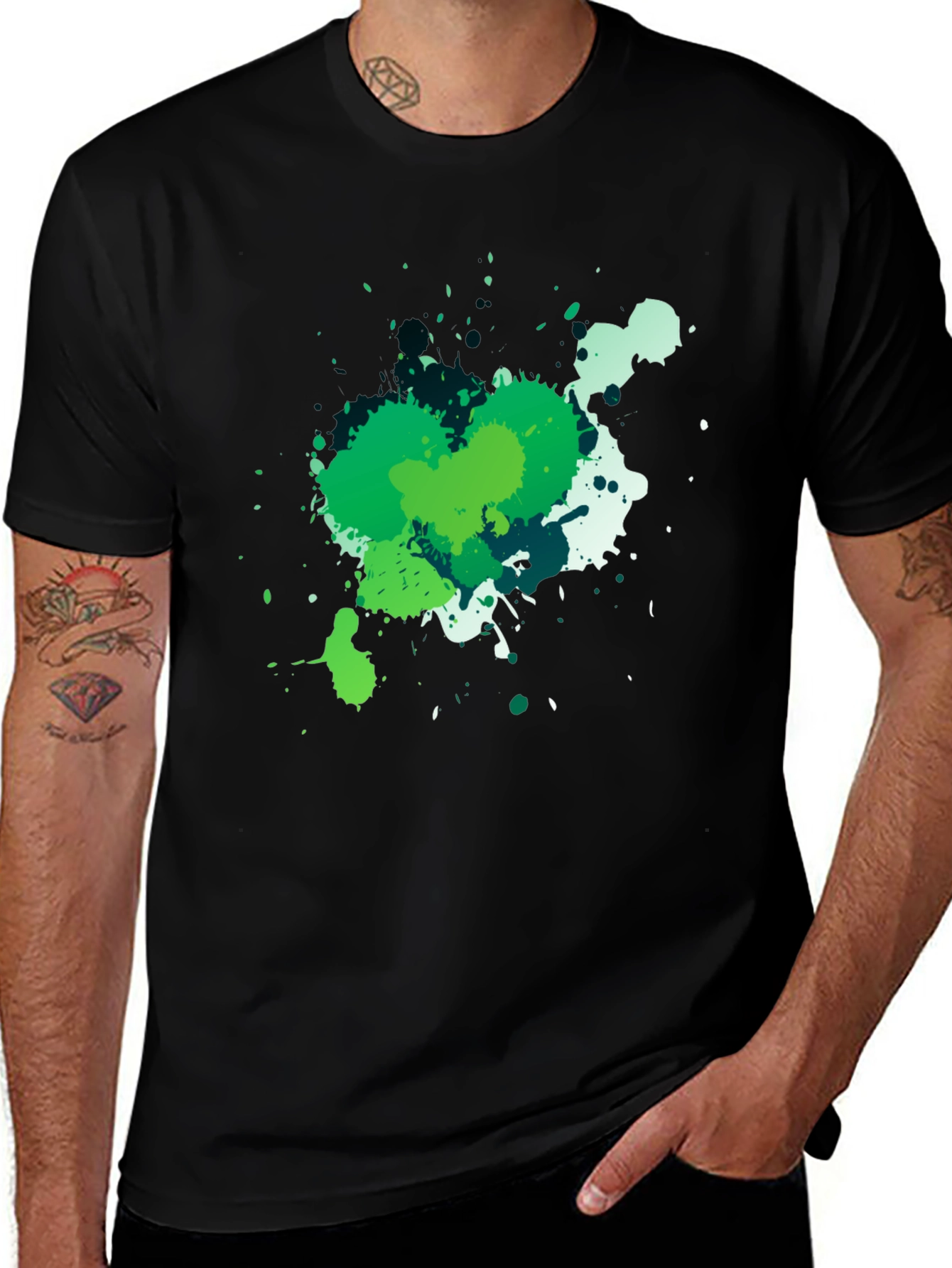 Variant 6 of Abstract Green Splatter Graphic Black T-Shirt