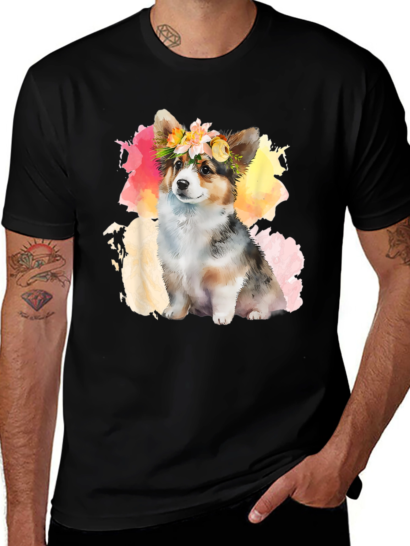 Variant 3 of Corgi Flower Crown Graphic Tee - Unisex Black T-Shirt