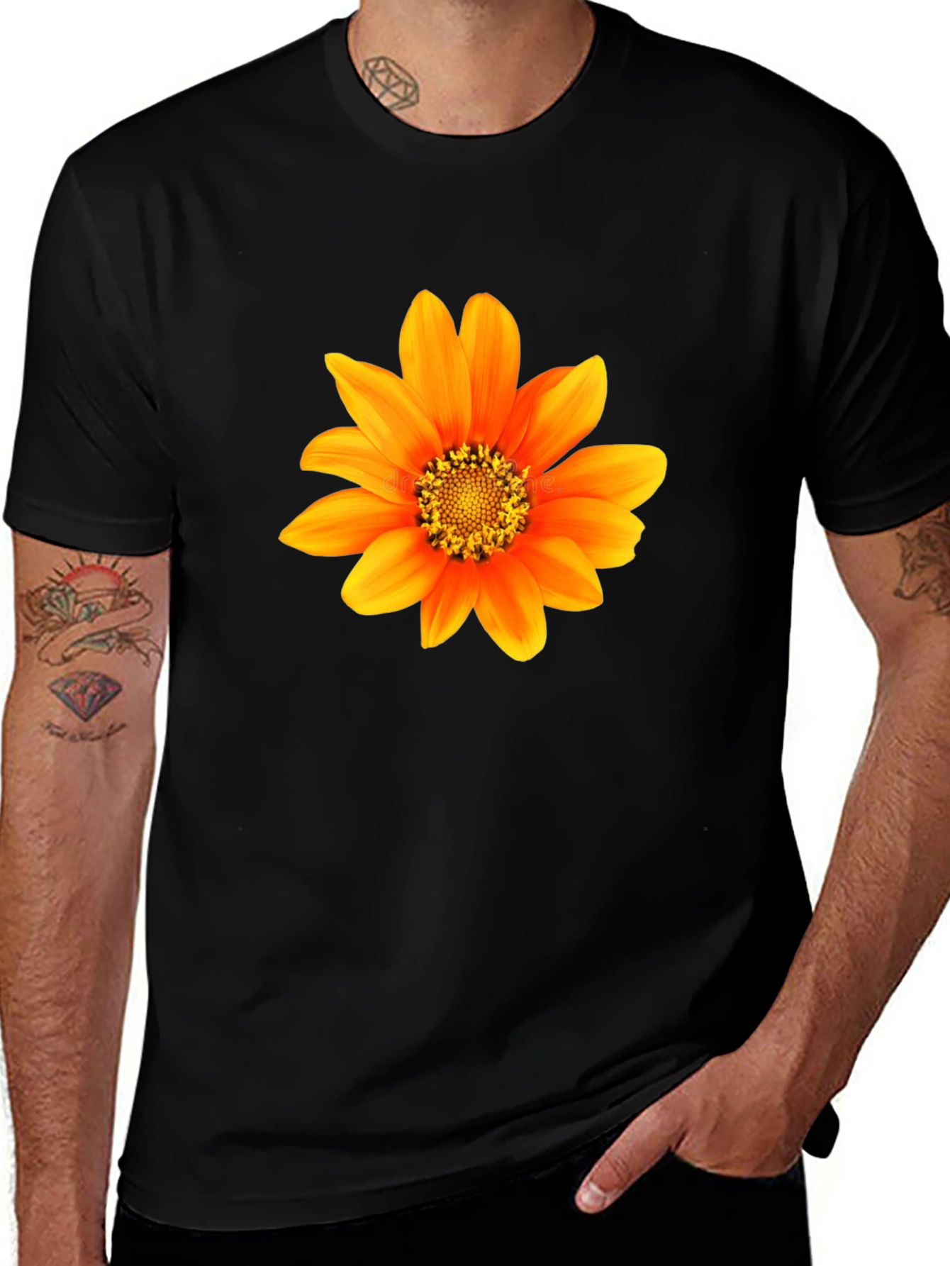 Variant 28 of Black T-Shirt with Vibrant Orange Flower Graphic