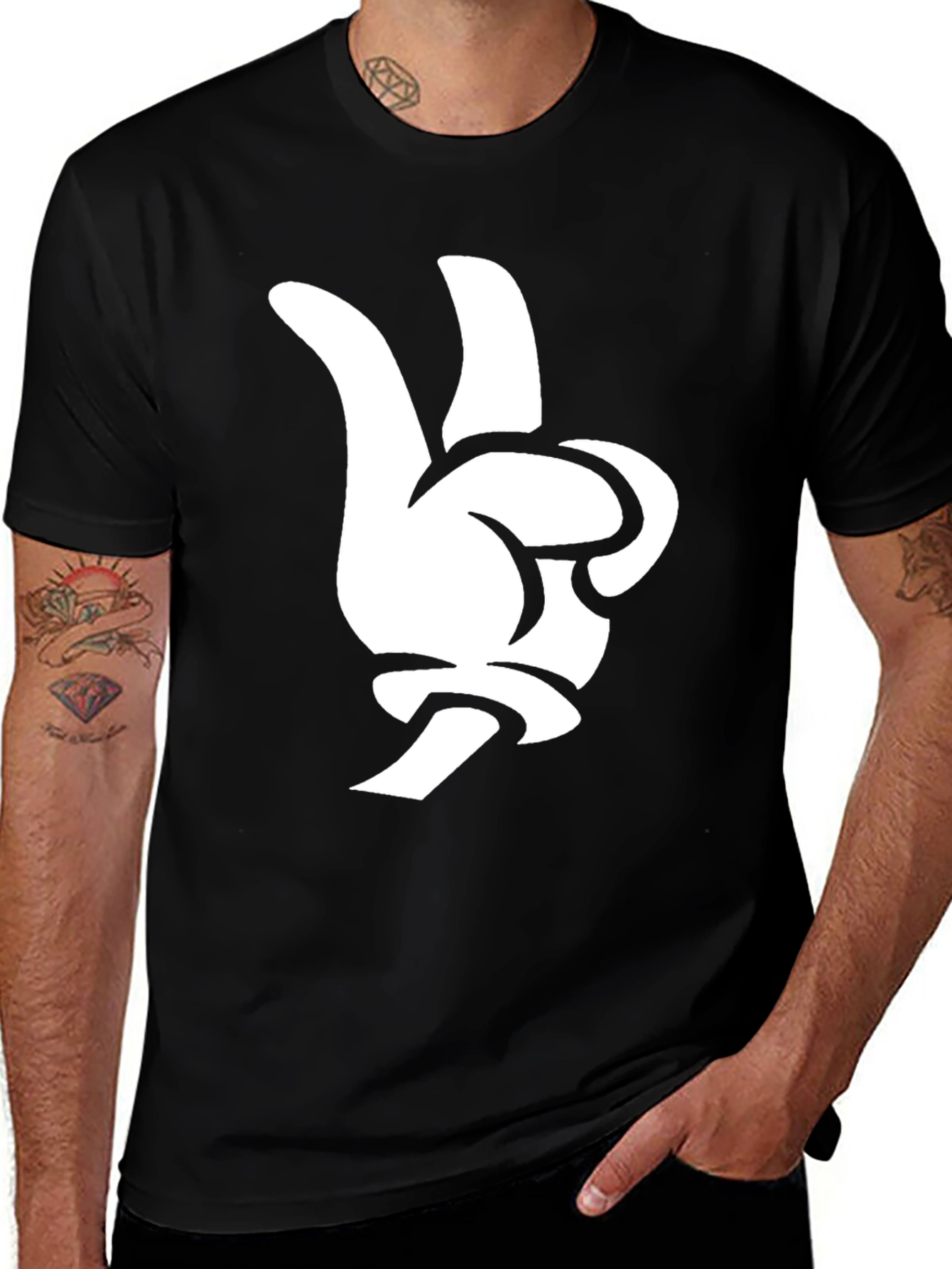 Variant 6 of Cartoon Hand Peace Sign Black Graphic Tee