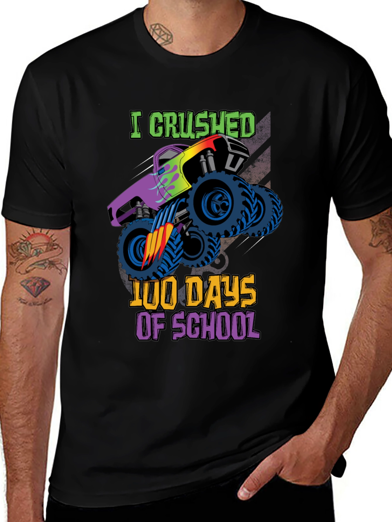 Black Crushed 100 Days of School Monster Truck T-Shirt main image