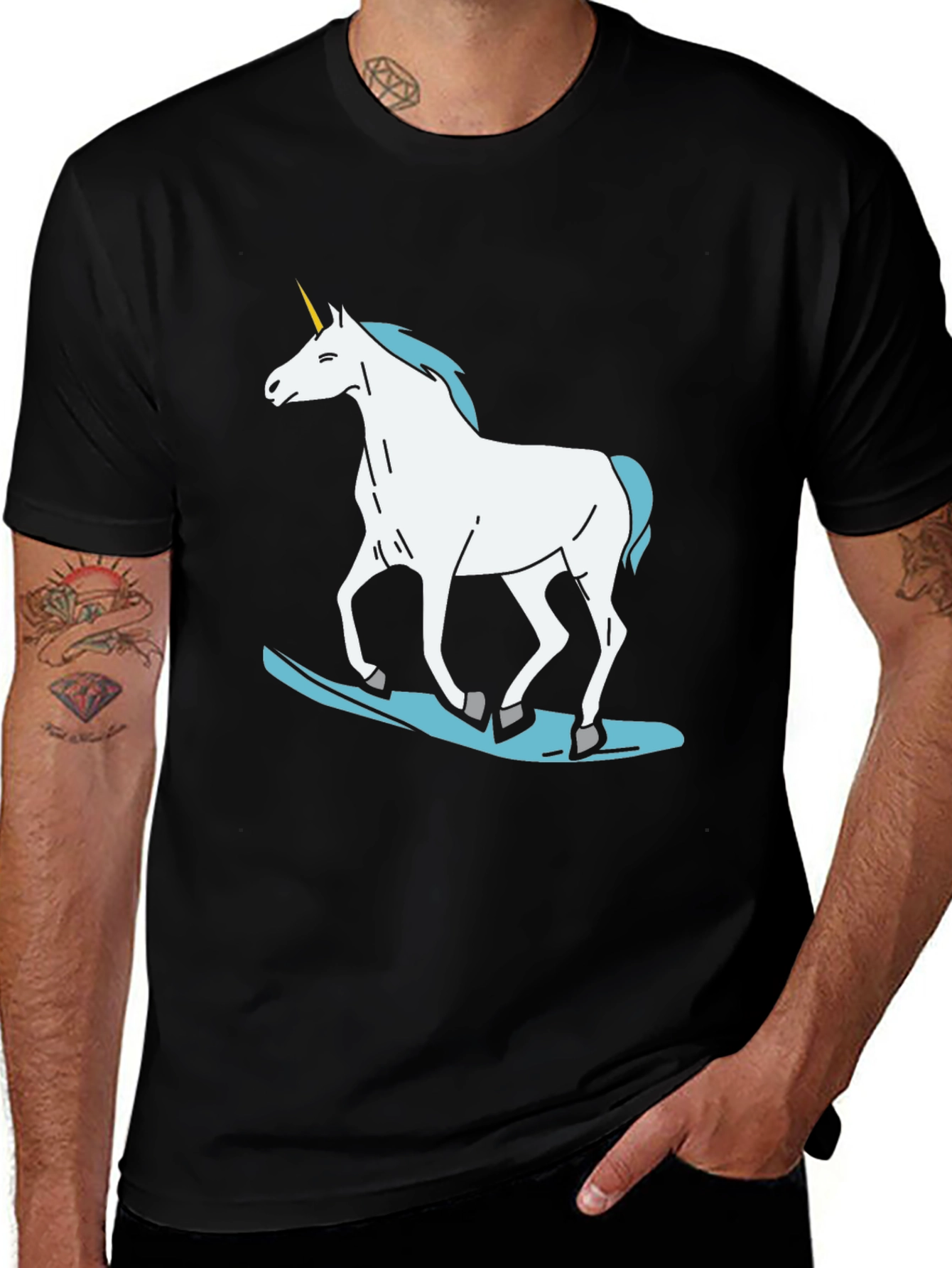 Variant 5 of Unicorn Surfing Graphic Tee - Black Cotton T-Shirt