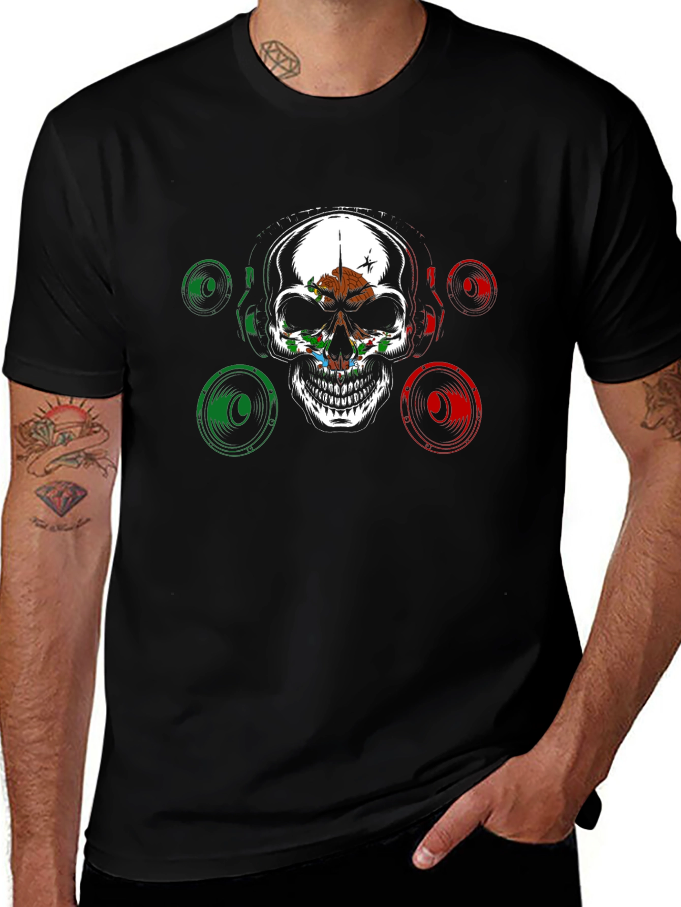 Variant 9 of Skull & Speaker Graphic Tee - Mexican Flag Design