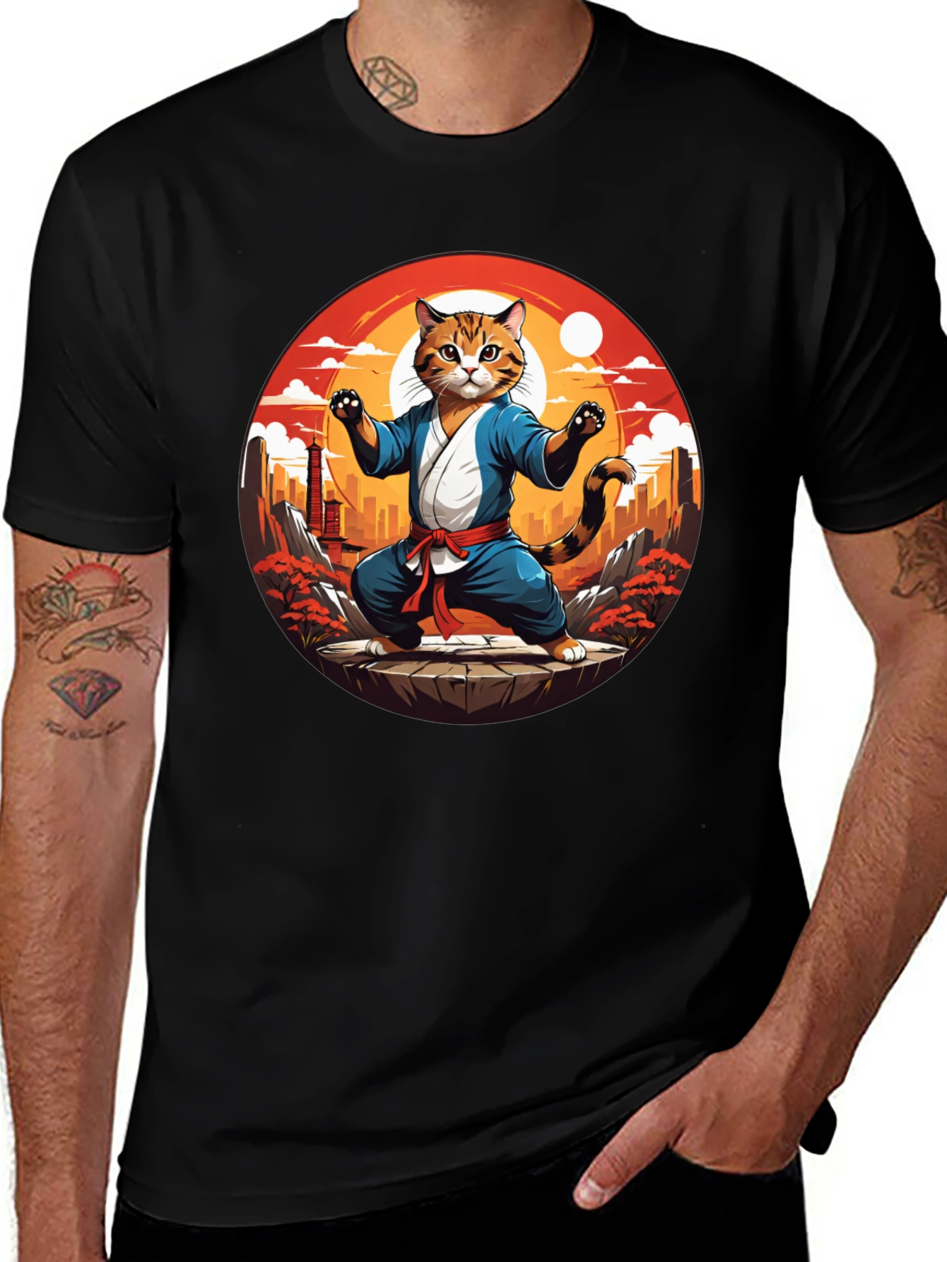 Variant 10 of Martial Arts Cat T-Shirt - Black Cotton Tee