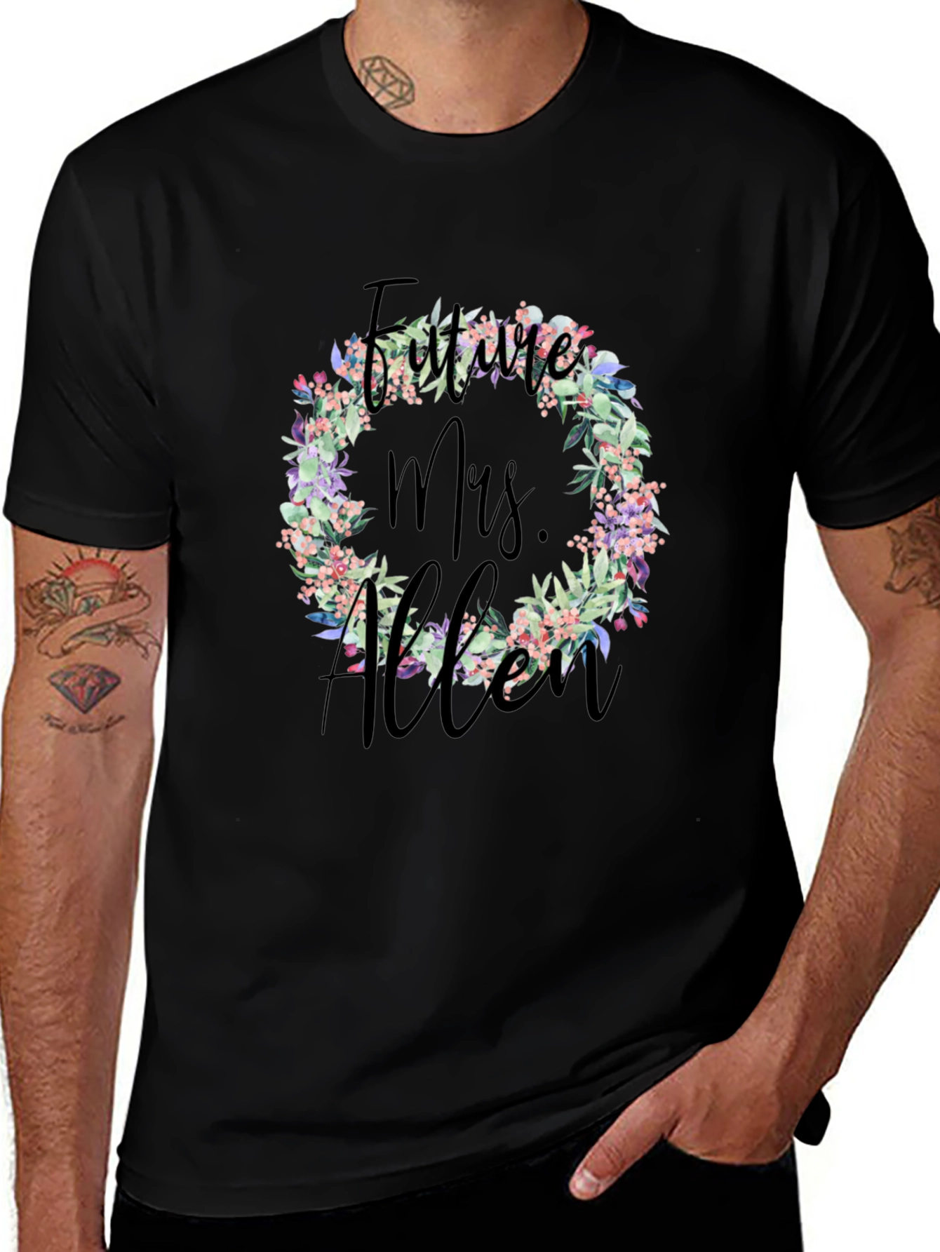 Variant 29 of Future Mrs. Allen Floral Wreath Black T-Shirt
