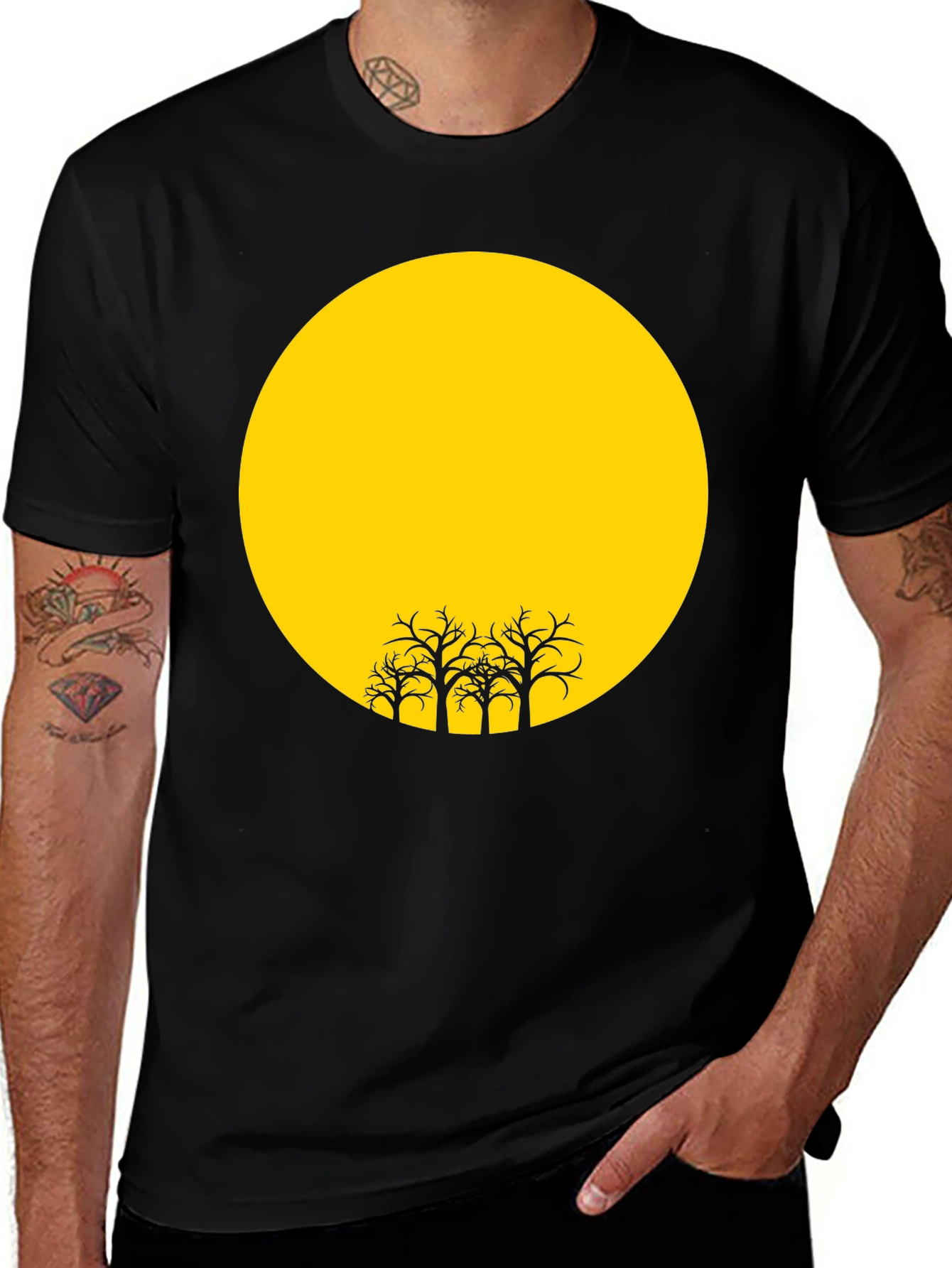Variant 23 of Black T-Shirt with Yellow Moon and Silhouetted Trees