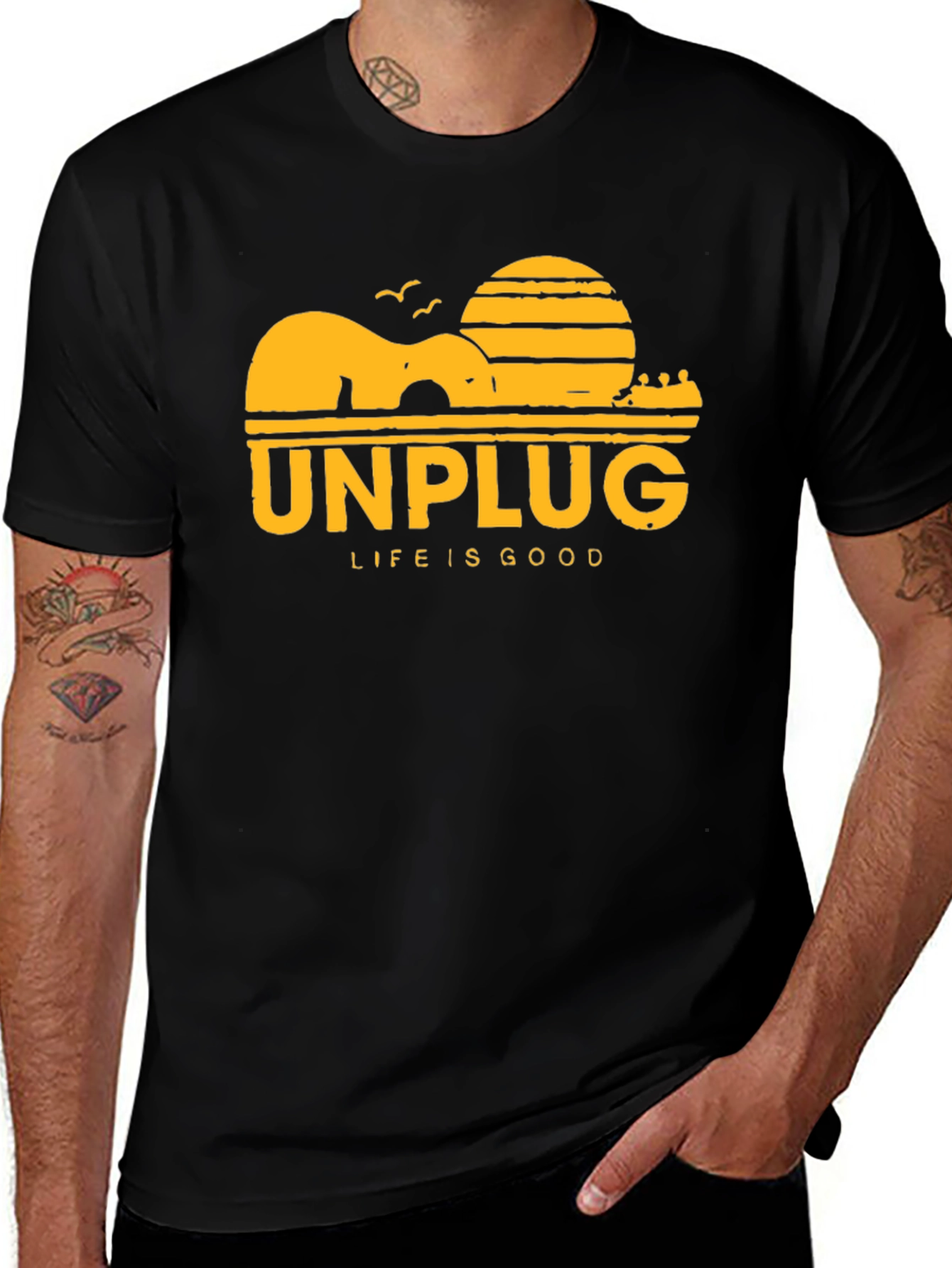 Unplug Life Is Good Black Graphic T-Shirt