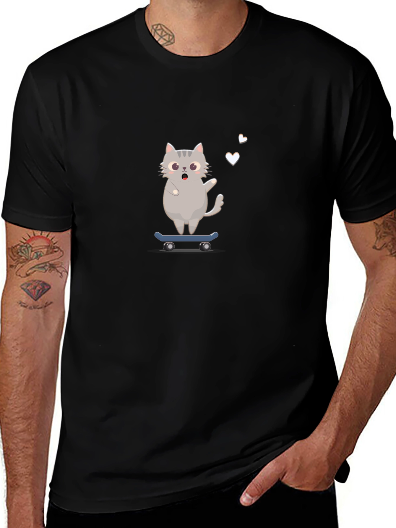 Variant 5 of Skateboarding Cat Graphic Tee - Black T-Shirt