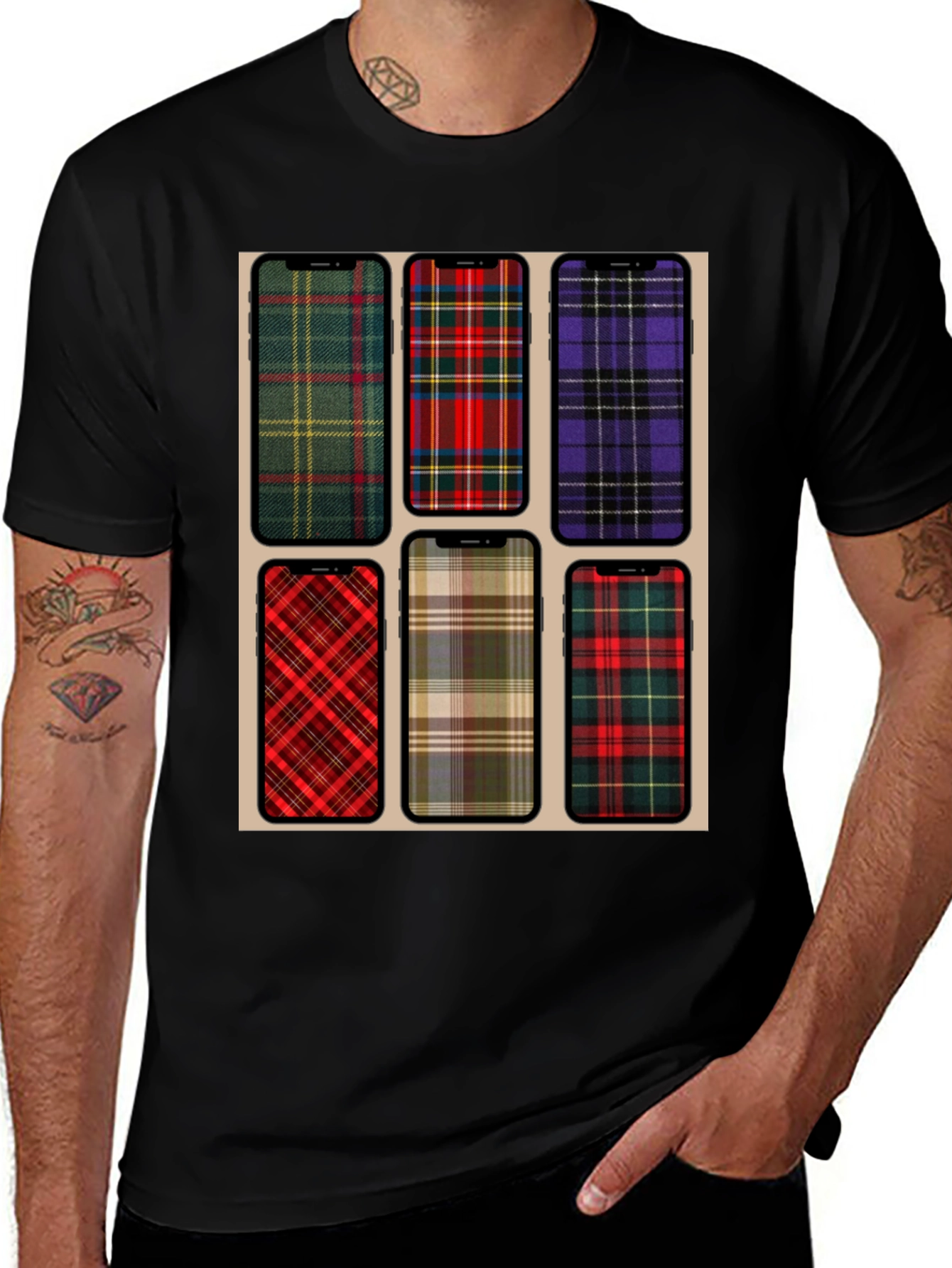 Variant 16 of Tartan Plaid iPhone Pattern Graphic Tee - Black