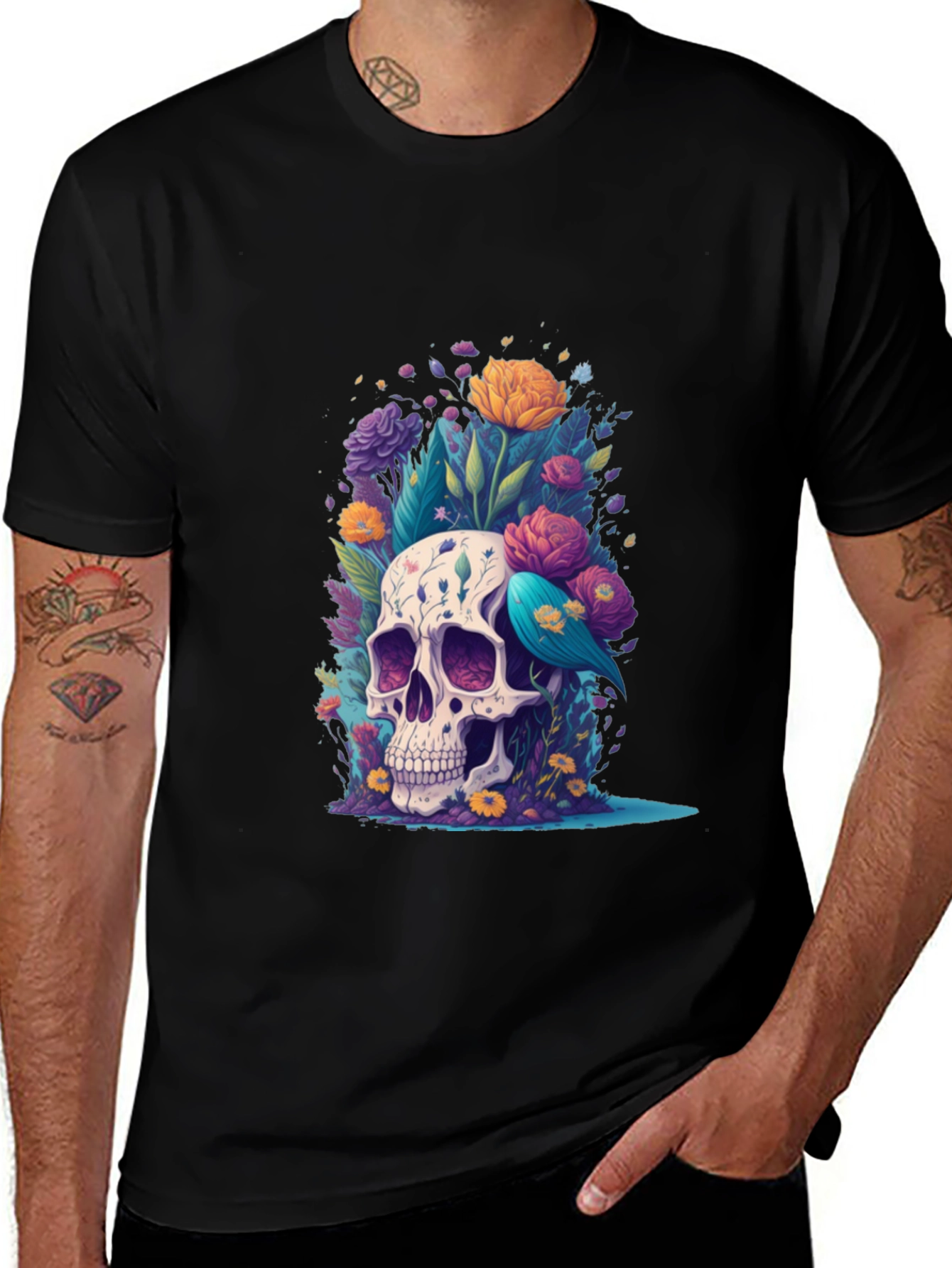 Variant 6 of Floral Skull Graphic Tee - Stylish Comfort