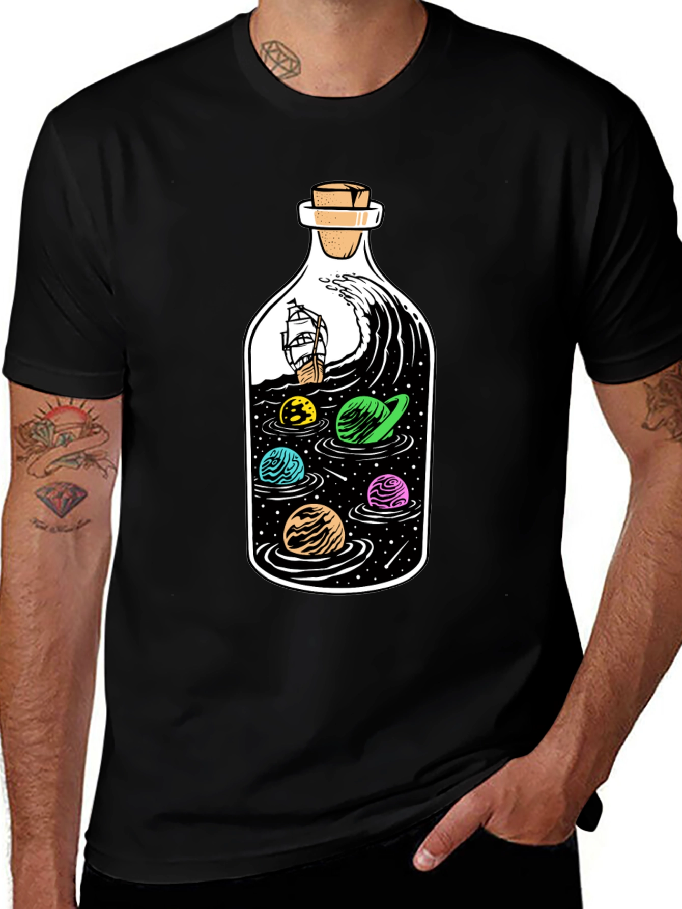 Variant 8 of Bottle Space Graphic T-Shirt - Black Cotton Tee