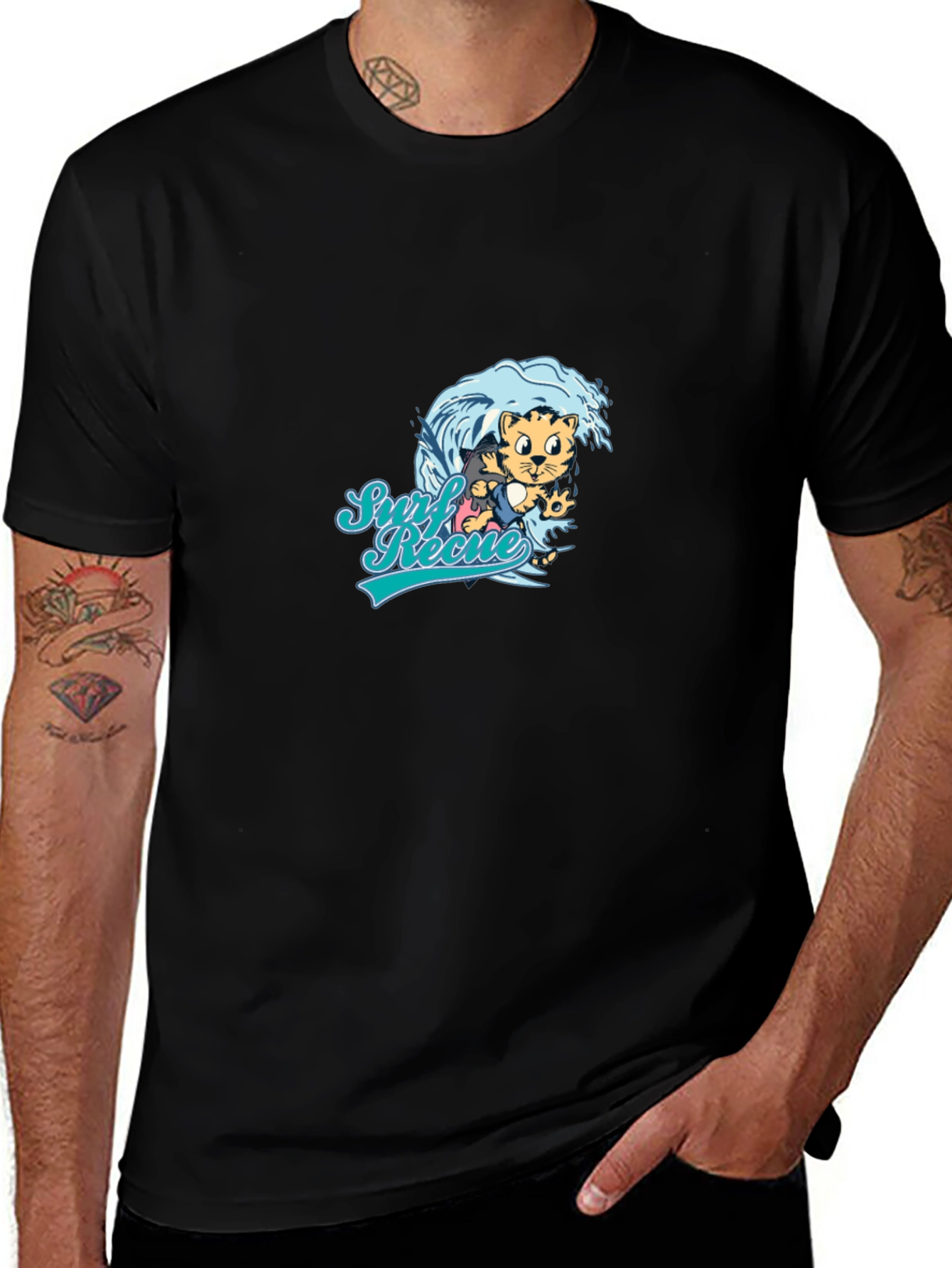 Surf Rescue Black T-Shirt - Cartoon Tiger Design