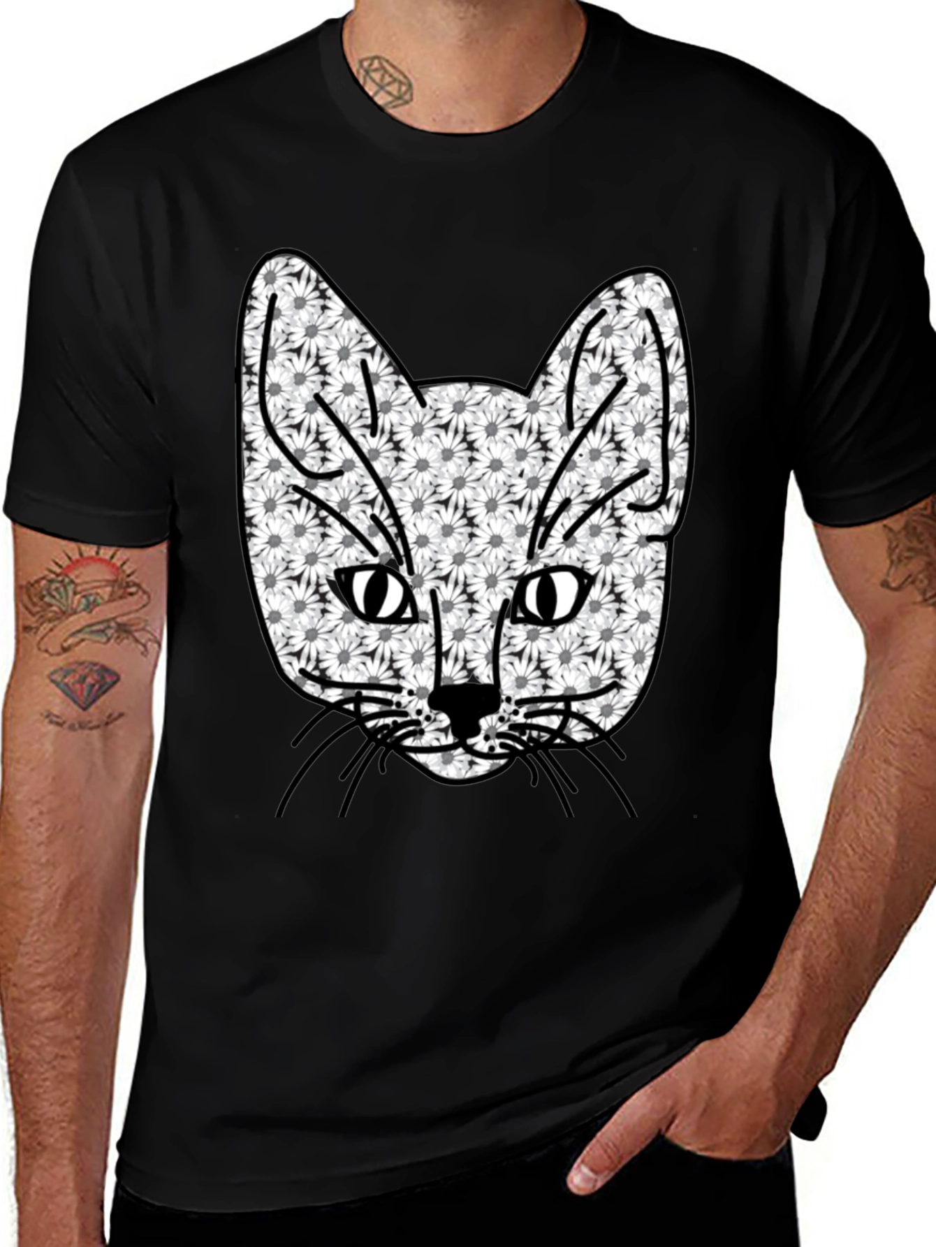 Variant 22 of Floral Cat Tee - Black Crewneck T-Shirt