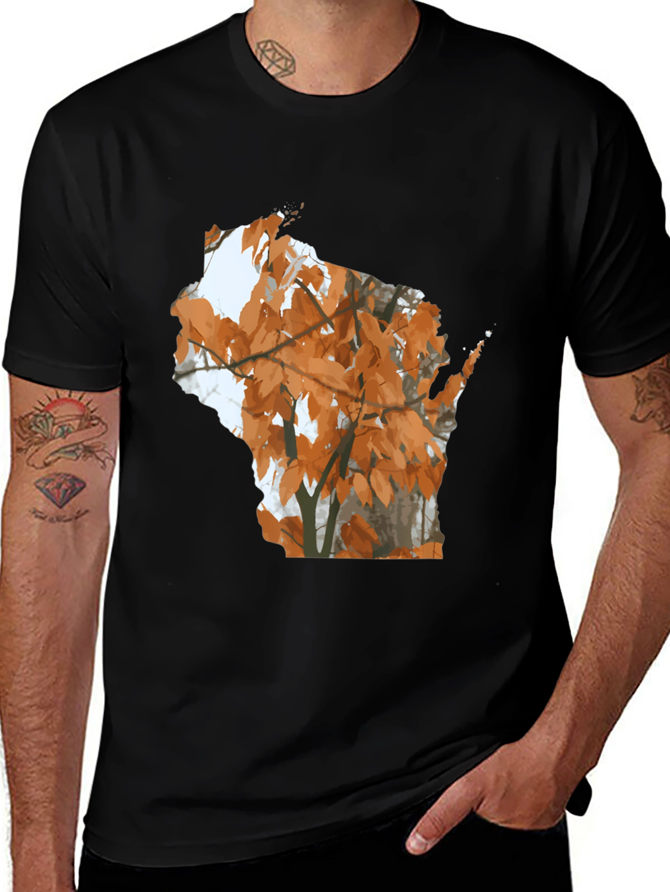 Variant 7 of Wisconsin State Shape Autumn Leaves Graphic Tee