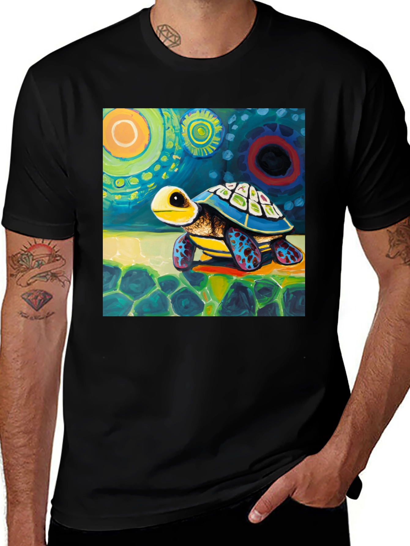 Black Artistic Turtle Graphic Tee - Unique Design main image